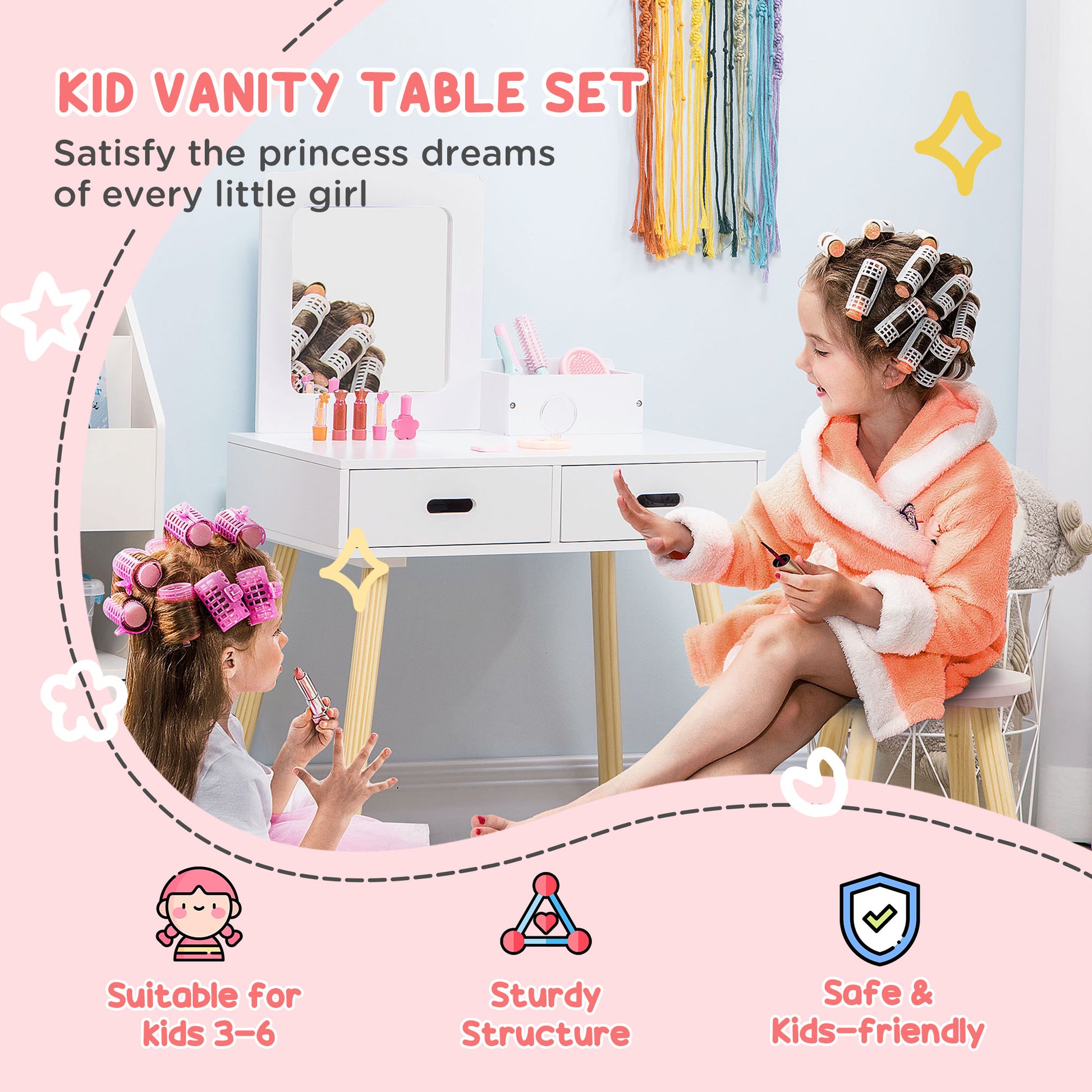 Qaba Kids Vanity Set with Mirror and Stool, Makeup Dressing Table with Drawers for Children Aged 3-6 Years, White-Toys & Games > Toddler & Kids Furniture > Kids Bedroom Furniture-DECOROLALA