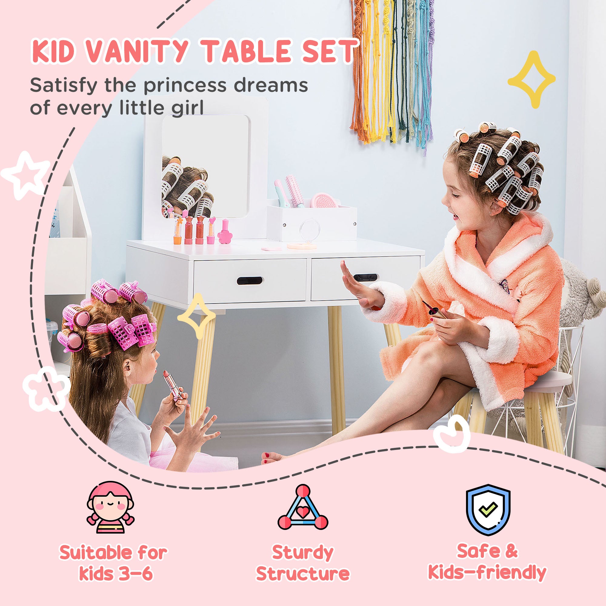 Qaba Kids Vanity Set with Mirror and Stool, Makeup Dressing Table with Drawers for Children Aged 3-6 Years, White-Toys & Games > Toddler & Kids Furniture > Kids Bedroom Furniture-DECOROLALA