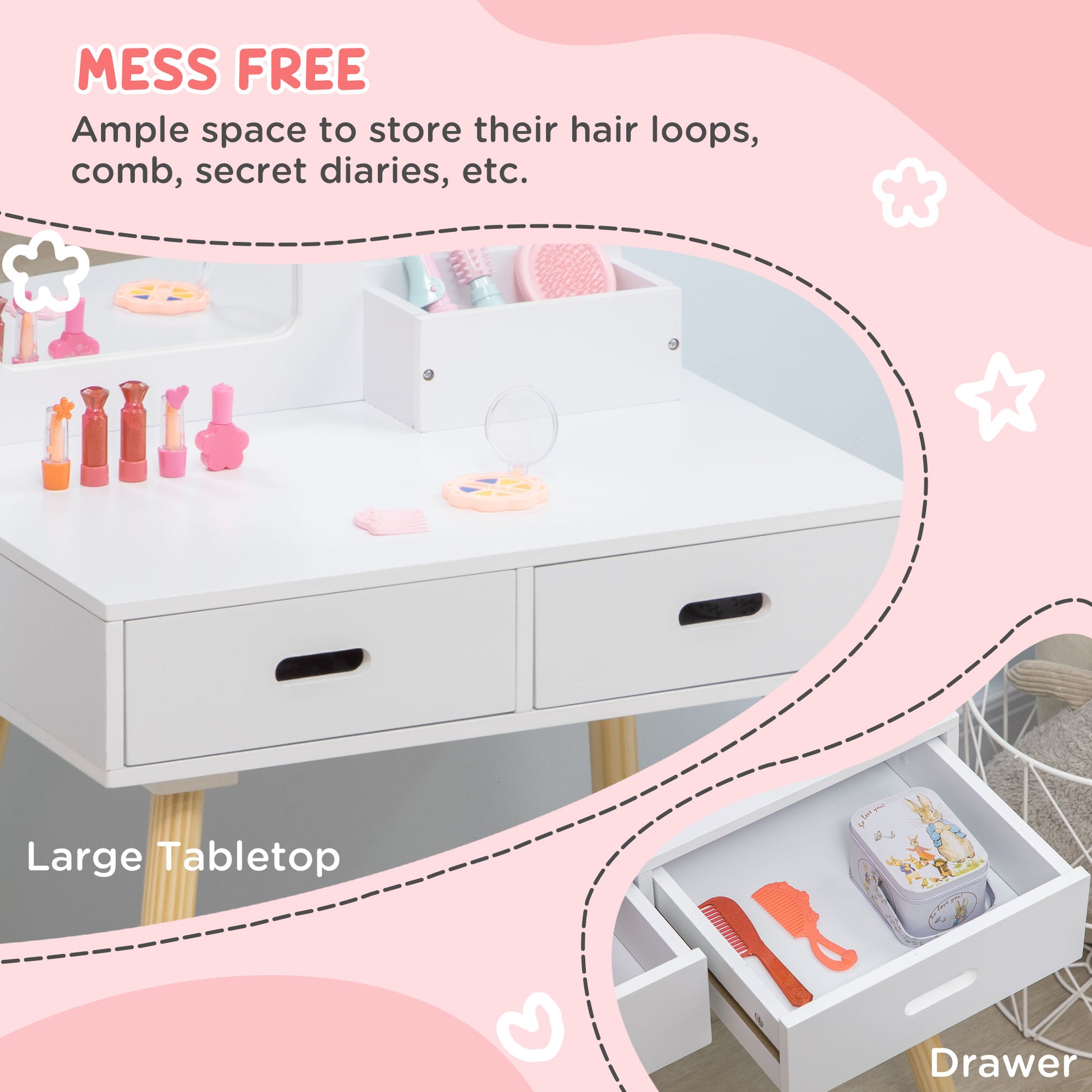 Qaba Kids Vanity Set with Mirror and Stool, Makeup Dressing Table with Drawers for Children Aged 3-6 Years, White-Toys & Games > Toddler & Kids Furniture > Kids Bedroom Furniture-DECOROLALA