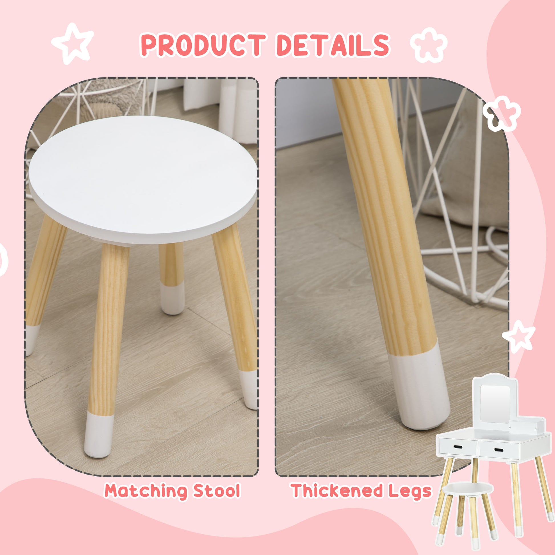 Qaba Kids Vanity Set with Mirror and Stool, Makeup Dressing Table with Drawers for Children Aged 3-6 Years, White-Toys & Games > Toddler & Kids Furniture > Kids Bedroom Furniture-DECOROLALA