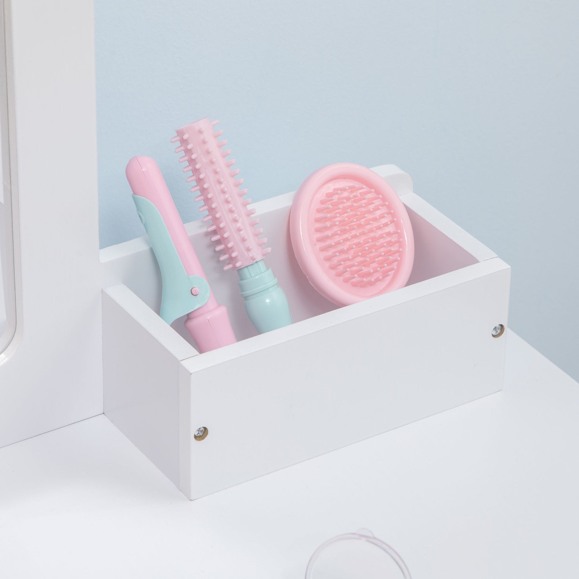 Qaba Kids Vanity Set with Mirror and Stool, Makeup Dressing Table with Drawers for Children Aged 3-6 Years, White-Toys & Games > Toddler & Kids Furniture > Kids Bedroom Furniture-DECOROLALA