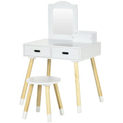 Qaba Kids Vanity Set with Mirror and Stool, Makeup Dressing Table with Drawers for Children Aged 3-6 Years, White-Toys & Games > Toddler & Kids Furniture > Kids Bedroom Furniture-DECOROLALA