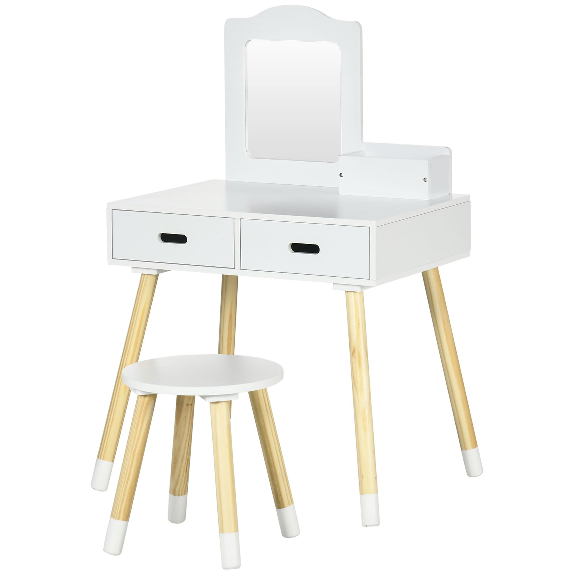 Qaba Kids Vanity Set with Mirror and Stool, Makeup Dressing Table with Drawers for Children Aged 3-6 Years, White-Toys & Games > Toddler & Kids Furniture > Kids Bedroom Furniture-DECOROLALA