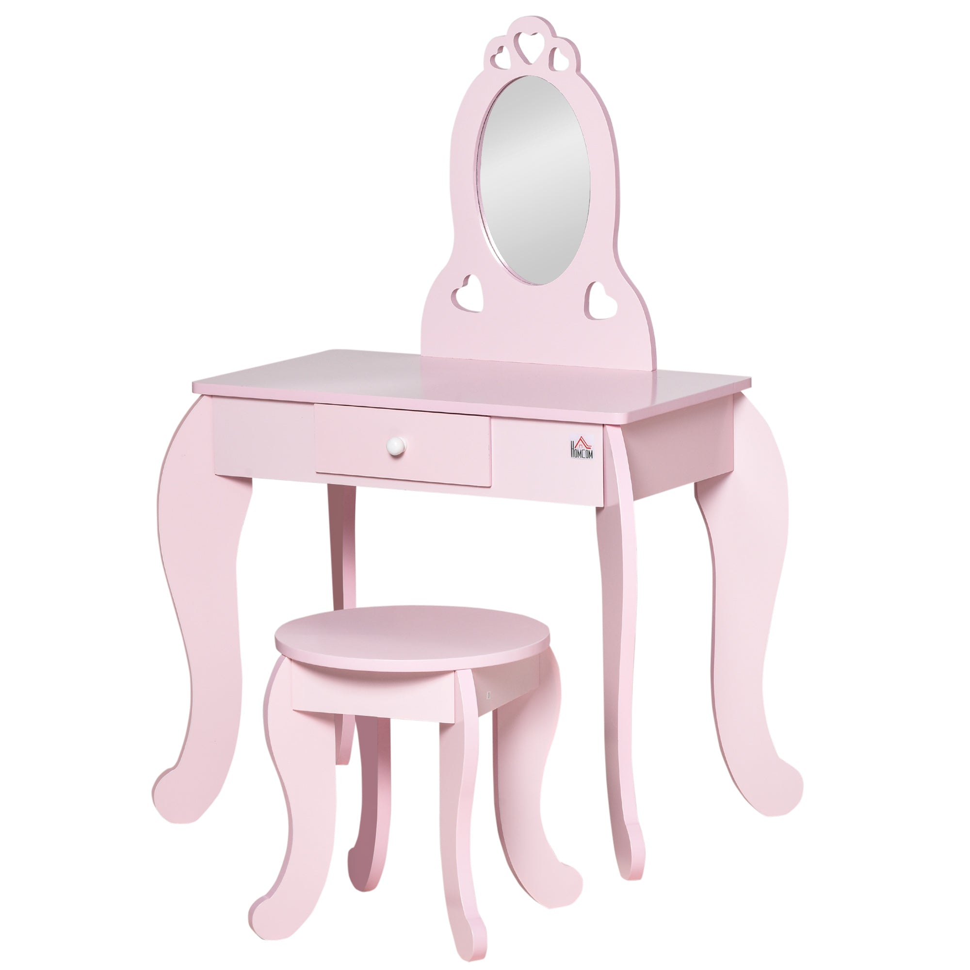 Qaba Kids Vanity Table Set with Mirror, Stool and Drawer - Pink-Toys & Games > Toddler & Kids Furniture > Kids Bedroom Furniture-DECOROLALA
