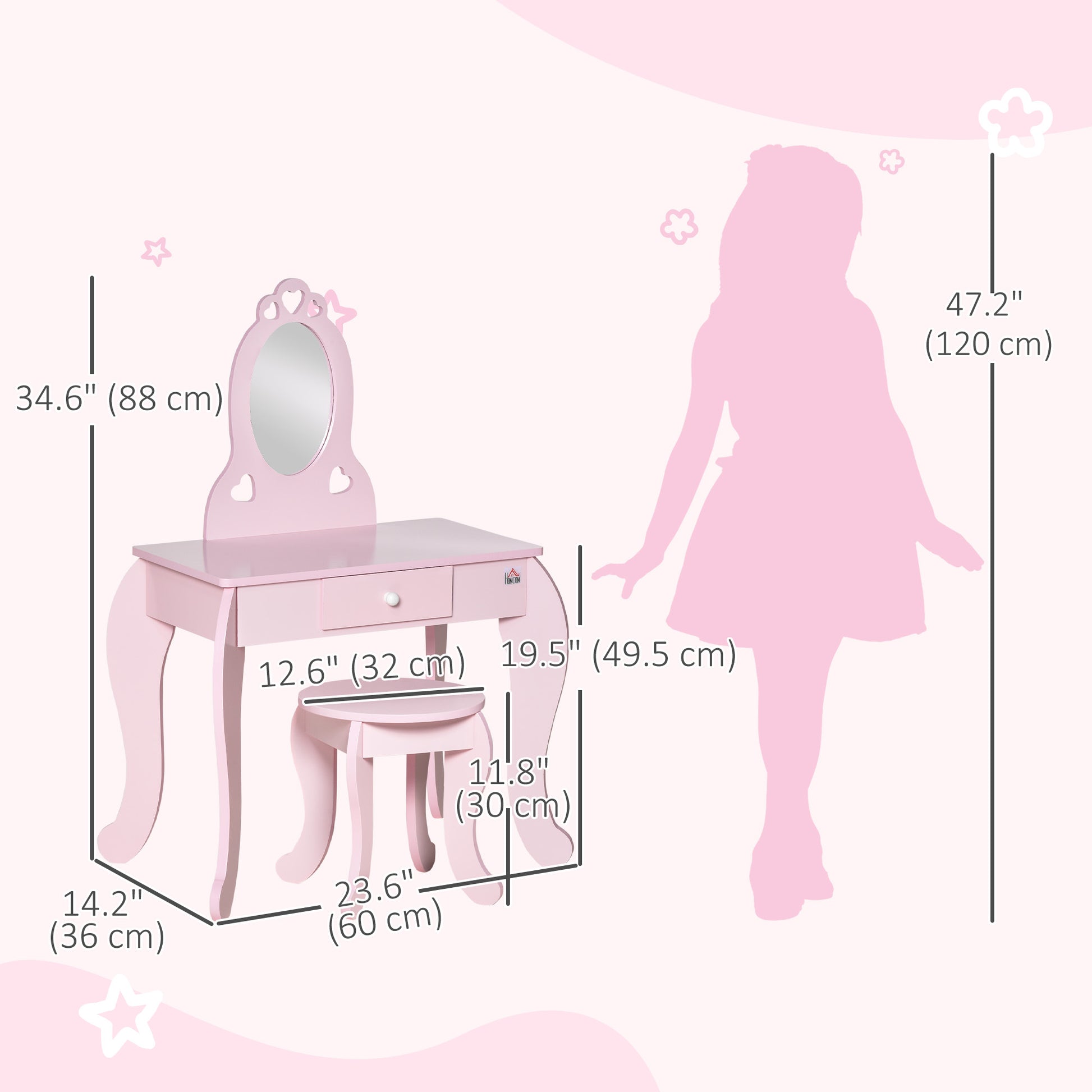 Qaba Kids Vanity Table Set with Mirror and Stool, Drawer, for 3-6 Years, Pink-Toys & Games > Toddler & Kids Furniture > Kids Bedroom Furniture-DECOROLALA