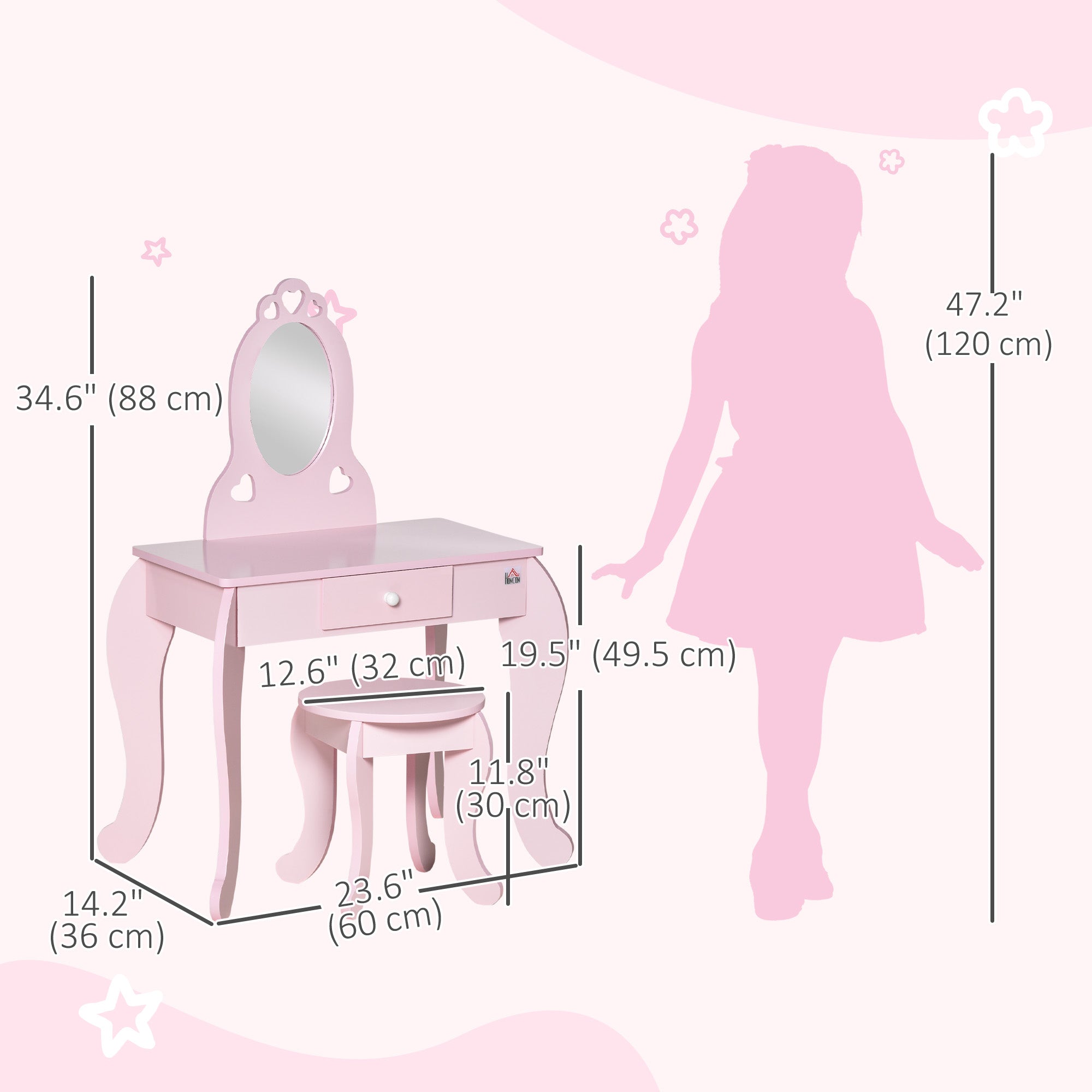Qaba Kids Vanity Table Set with Mirror and Stool, Drawer, for 3-6 Years, Pink-Toys & Games > Toddler & Kids Furniture > Kids Bedroom Furniture-DECOROLALA