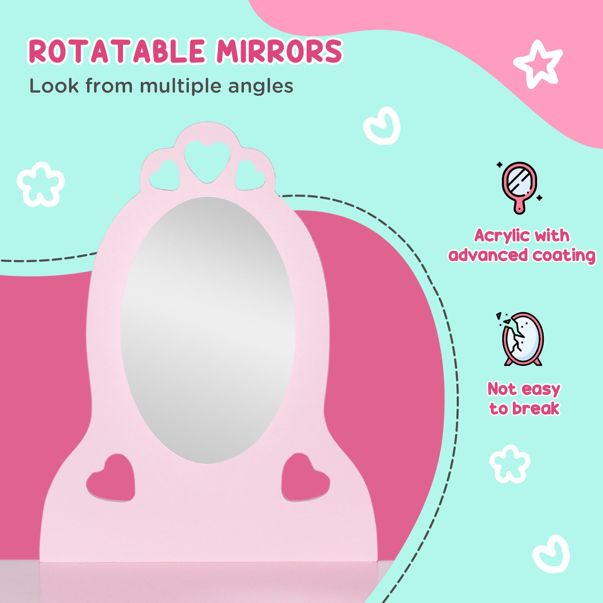 Qaba Kids Vanity Table Set with Mirror and Stool, Drawer, for 3-6 Years, Pink-Toys & Games > Toddler & Kids Furniture > Kids Bedroom Furniture-DECOROLALA