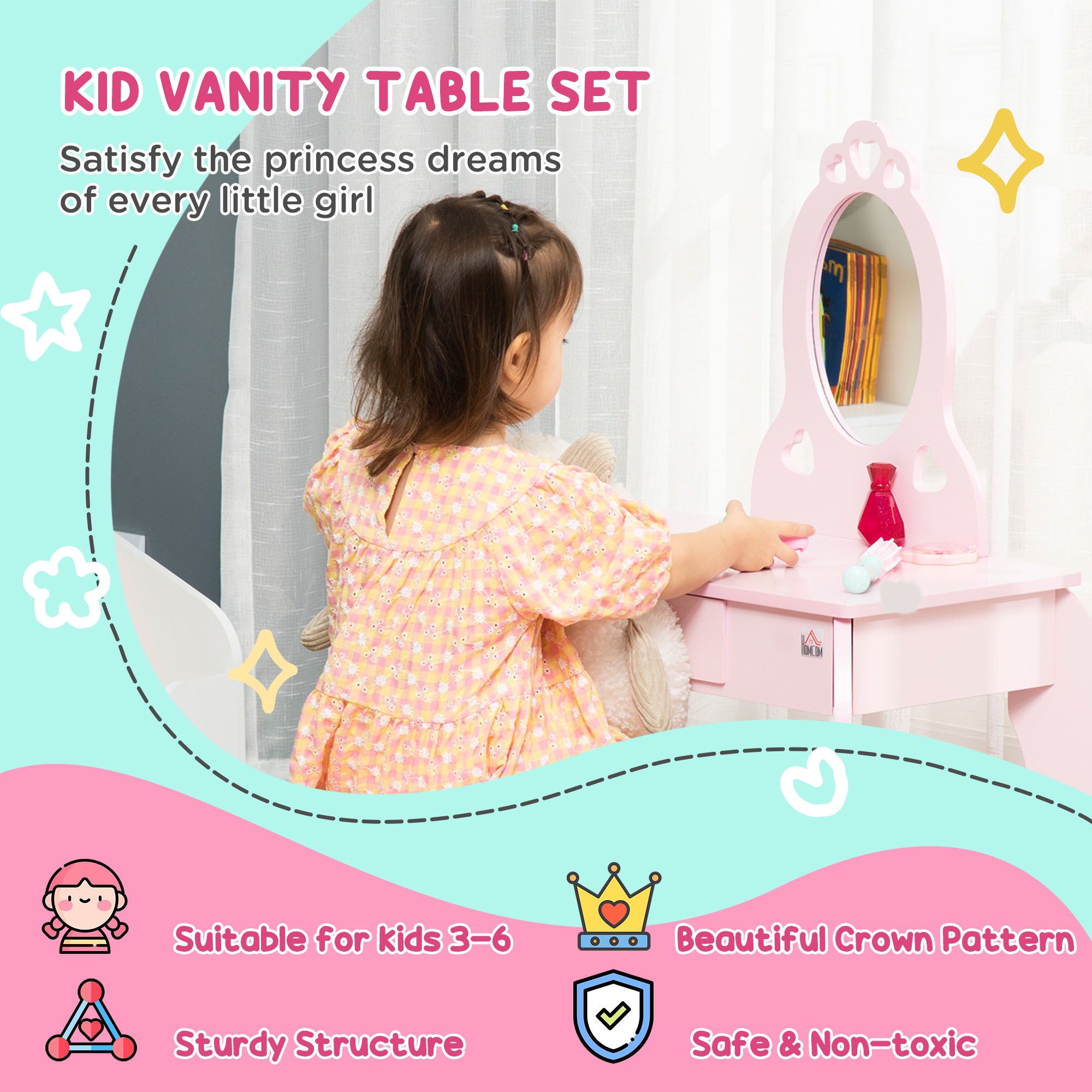 Qaba Kids Vanity Table Set with Mirror and Stool, Drawer, for 3-6 Years, Pink-Toys & Games > Toddler & Kids Furniture > Kids Bedroom Furniture-DECOROLALA