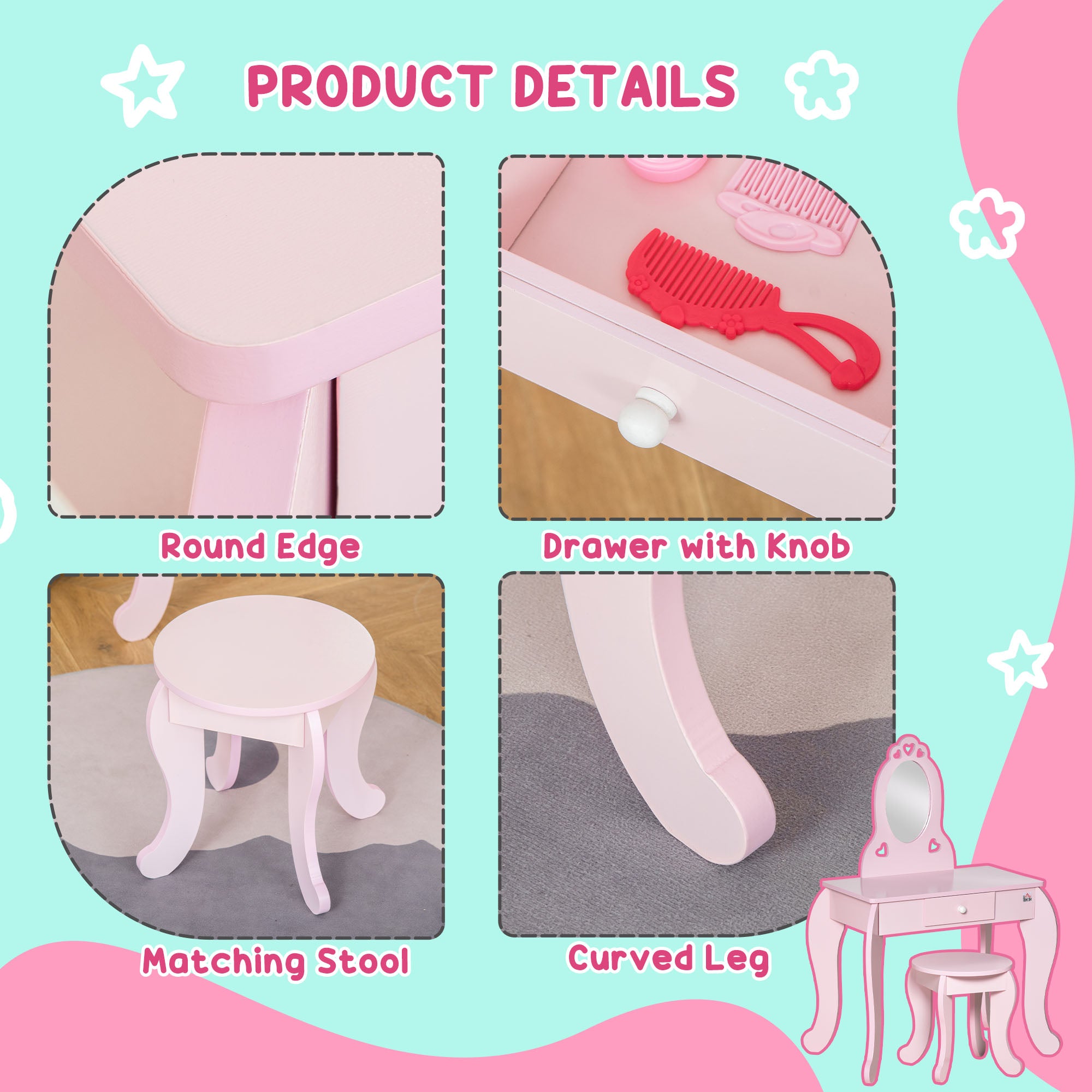 Qaba Kids Vanity Table Set with Mirror and Stool, Drawer, for 3-6 Years, Pink-Toys & Games > Toddler & Kids Furniture > Kids Bedroom Furniture-DECOROLALA