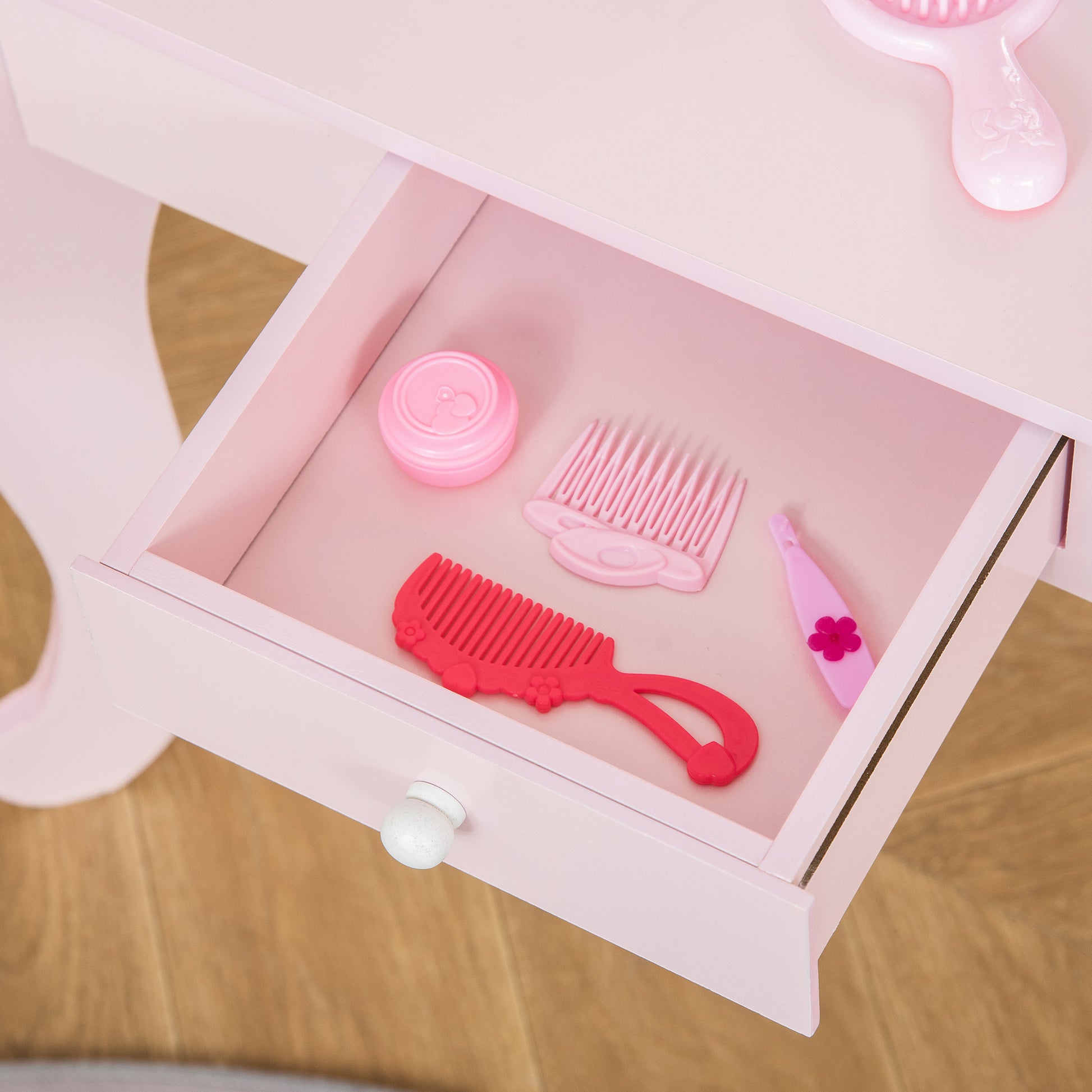 Qaba Kids Vanity Table Set with Mirror and Stool, Drawer, for 3-6 Years, Pink-Toys & Games > Toddler & Kids Furniture > Kids Bedroom Furniture-DECOROLALA