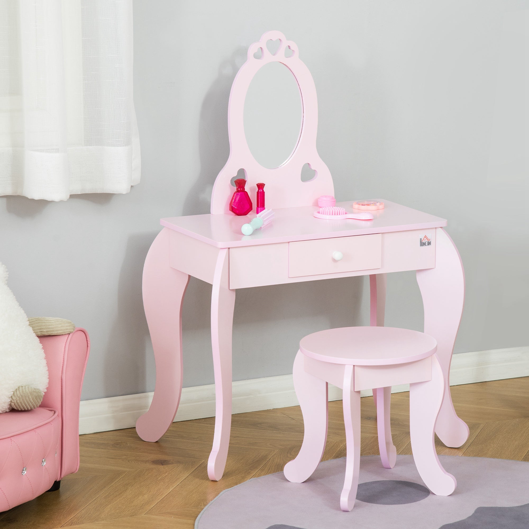 Qaba Kids Vanity Table Set with Mirror and Stool, Drawer, for 3-6 Years, Pink-Toys & Games > Toddler & Kids Furniture > Kids Bedroom Furniture-DECOROLALA