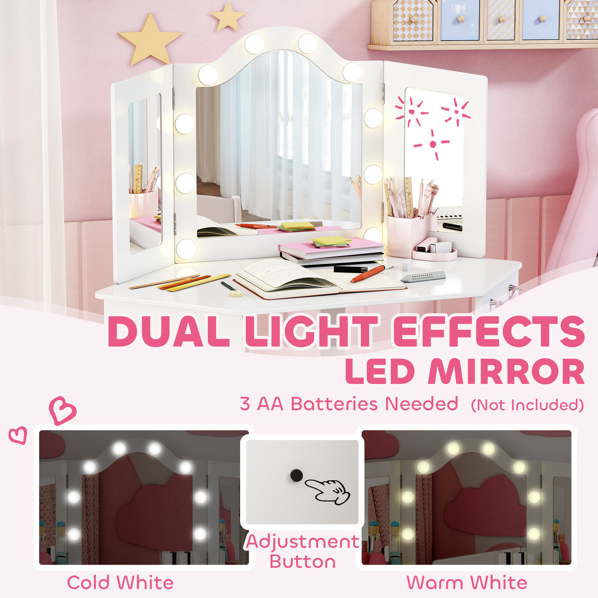 Qaba Kids Vanity Table and Chair Set with LED Lights - White-Toys & Games > Toddler & Kids Furniture > Kids Bedroom Furniture-DECOROLALA