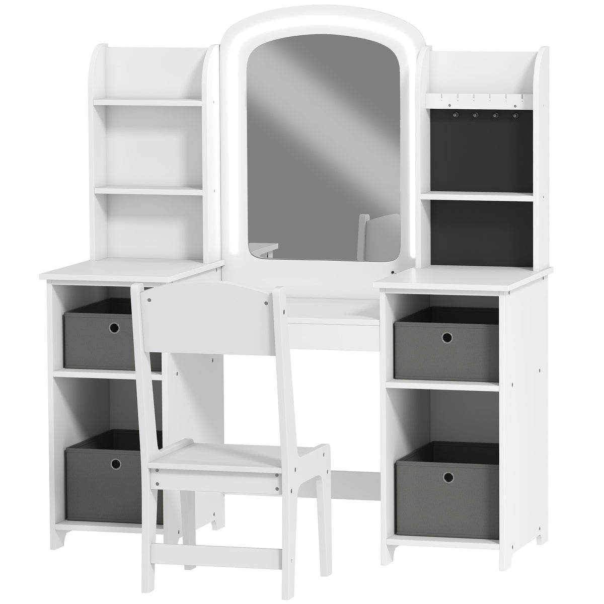 Qaba Kids Vanity Table and Chair Set with LED Mirror - White-Toys & Games > Toddler & Kids Furniture > Kids Bedroom Furniture-DECOROLALA