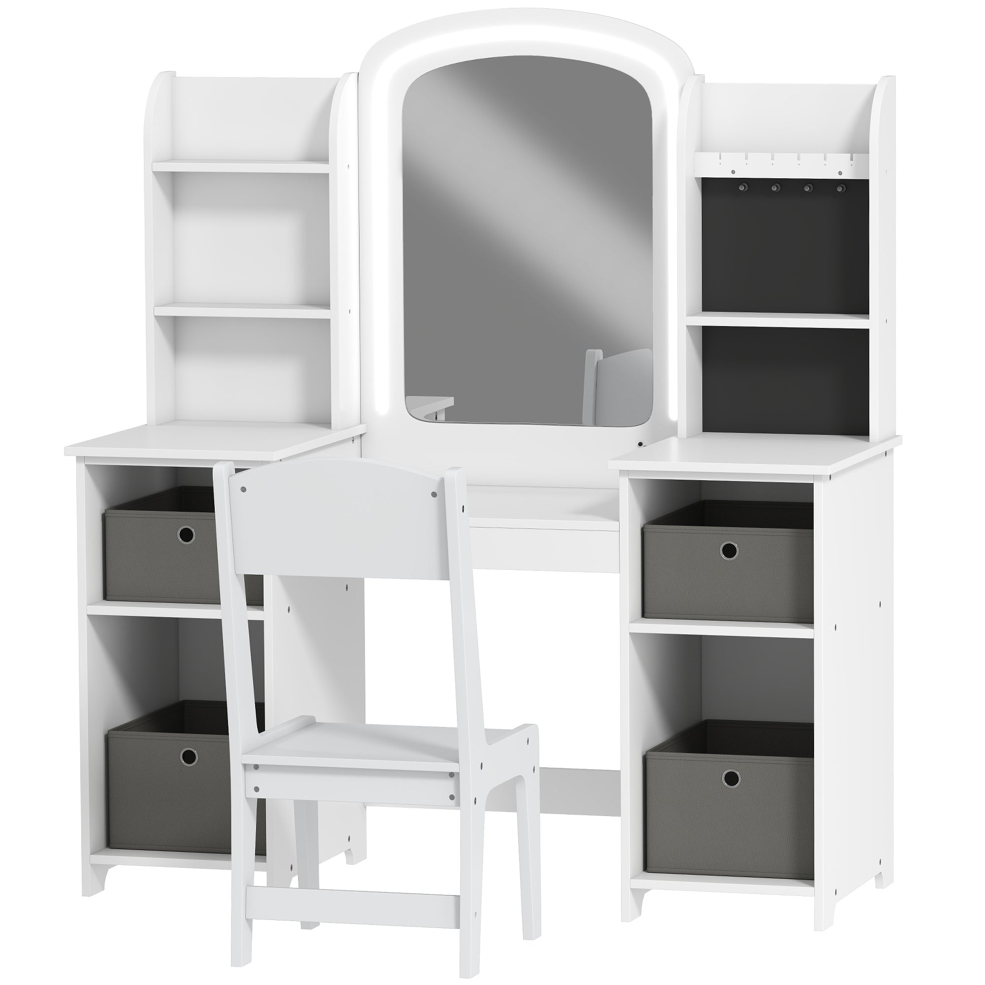Qaba Kids Vanity Table and Chair Set with LED Mirror - White-Toys & Games > Toddler & Kids Furniture > Kids Bedroom Furniture-DECOROLALA