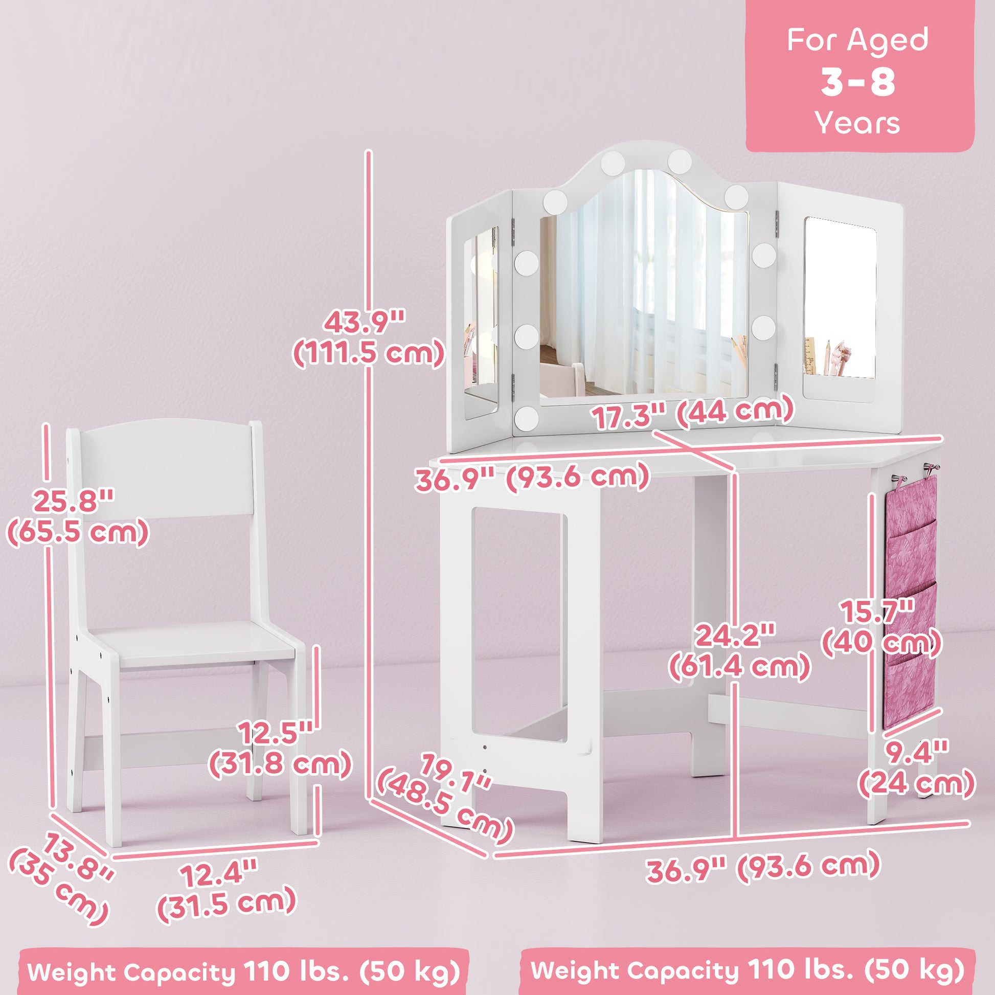 Qaba Kids Vanity Table and Chair Set with Lights, Makeup Dressing Table with Tri-Fold Mirror for Ages 3-8 Years, White-Toys & Games > Toddler & Kids Furniture > Kids Bedroom Furniture-DECOROLALA