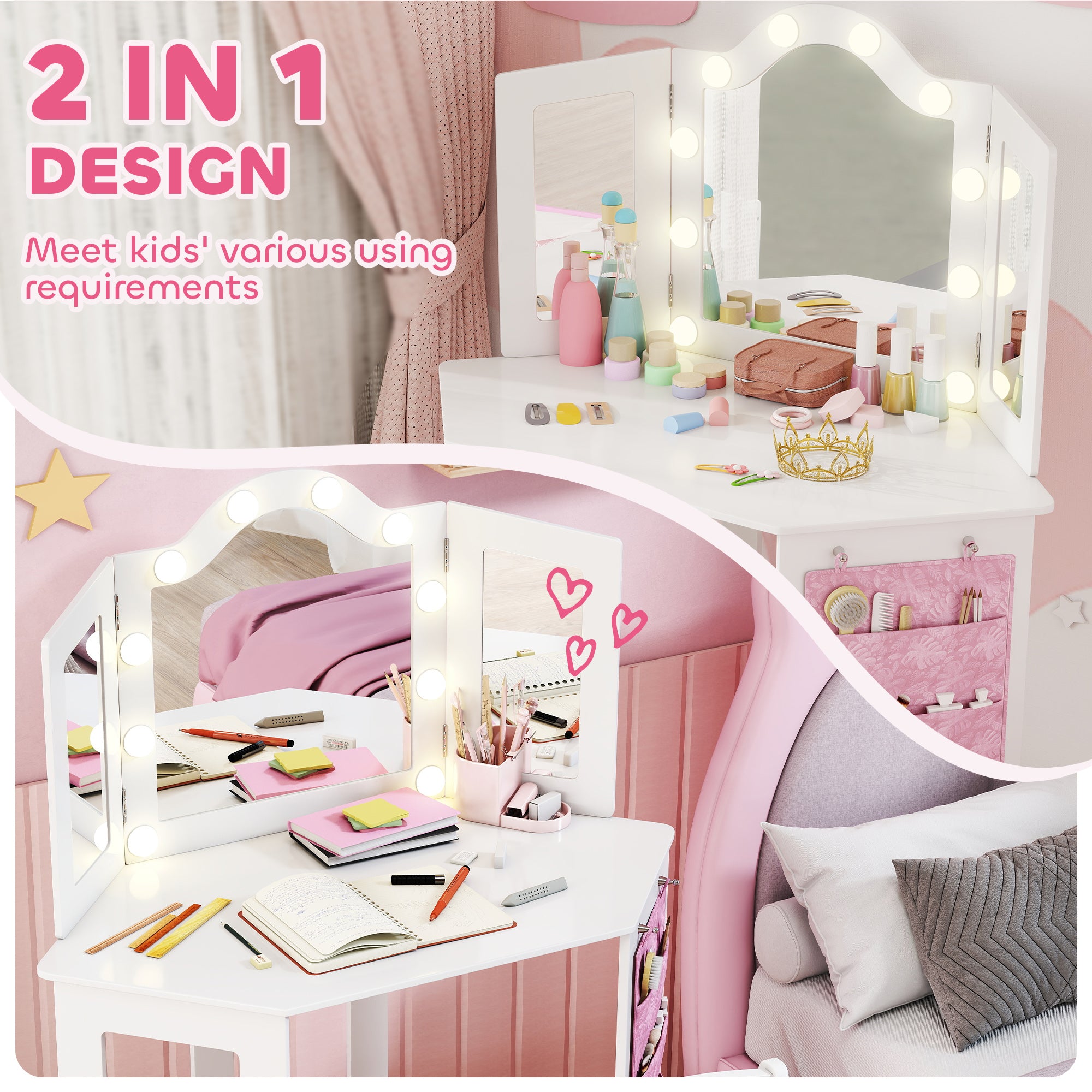 Qaba Kids Vanity Table and Chair Set with Lights, Makeup Dressing Table with Tri-Fold Mirror for Ages 3-8 Years, White-Toys & Games > Toddler & Kids Furniture > Kids Bedroom Furniture-DECOROLALA
