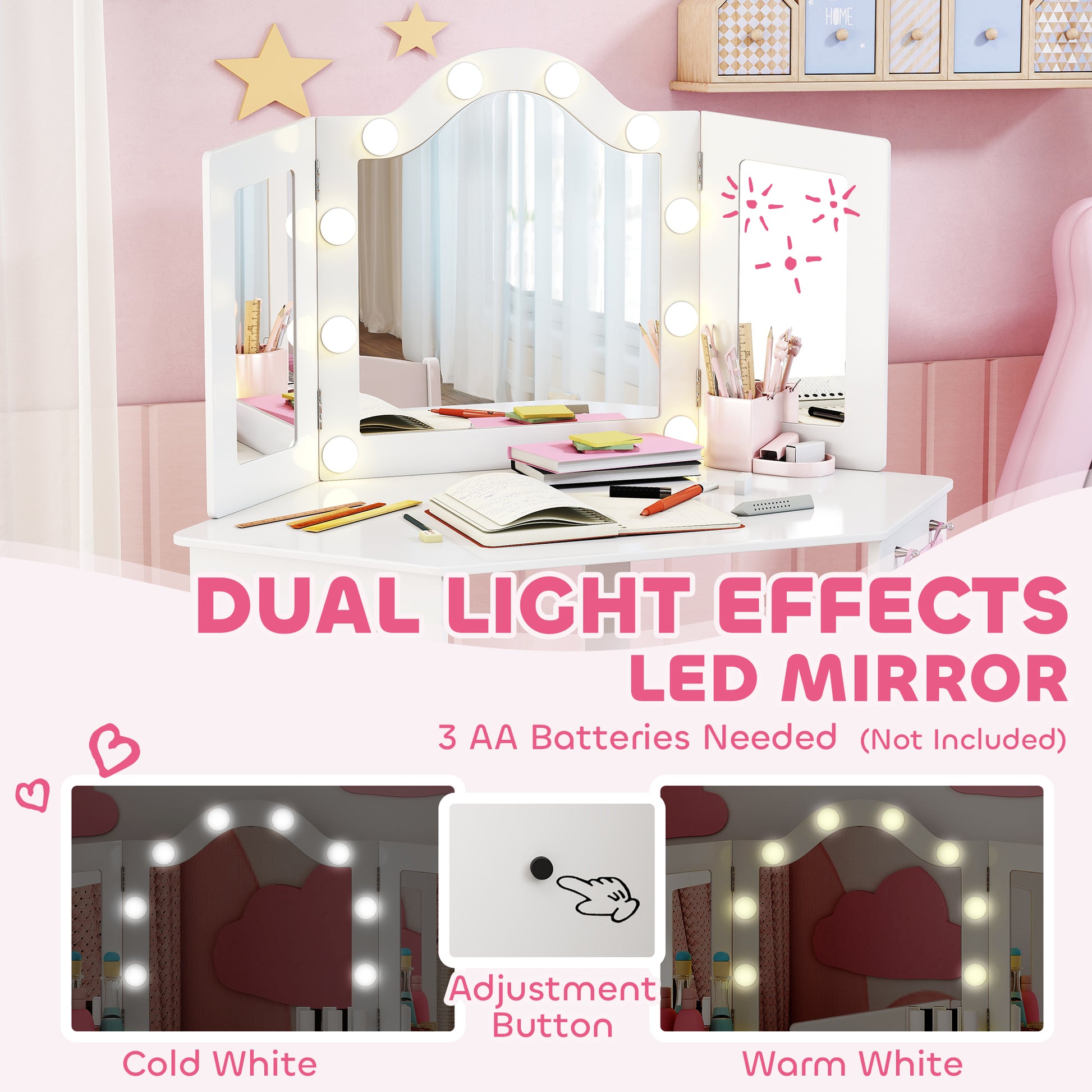 Qaba Kids Vanity Table and Chair Set with Lights, Makeup Dressing Table with Tri-Fold Mirror for Ages 3-8 Years, White-Toys & Games > Toddler & Kids Furniture > Kids Bedroom Furniture-DECOROLALA
