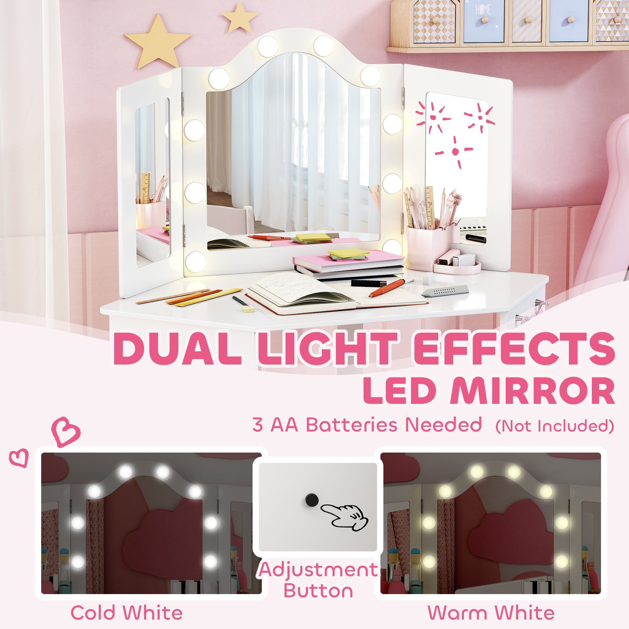 Qaba Kids Vanity Table and Chair Set with Lights, Makeup Dressing Table with Tri-Fold Mirror for Ages 3-8 Years, White-Toys & Games > Toddler & Kids Furniture > Kids Bedroom Furniture-DECOROLALA