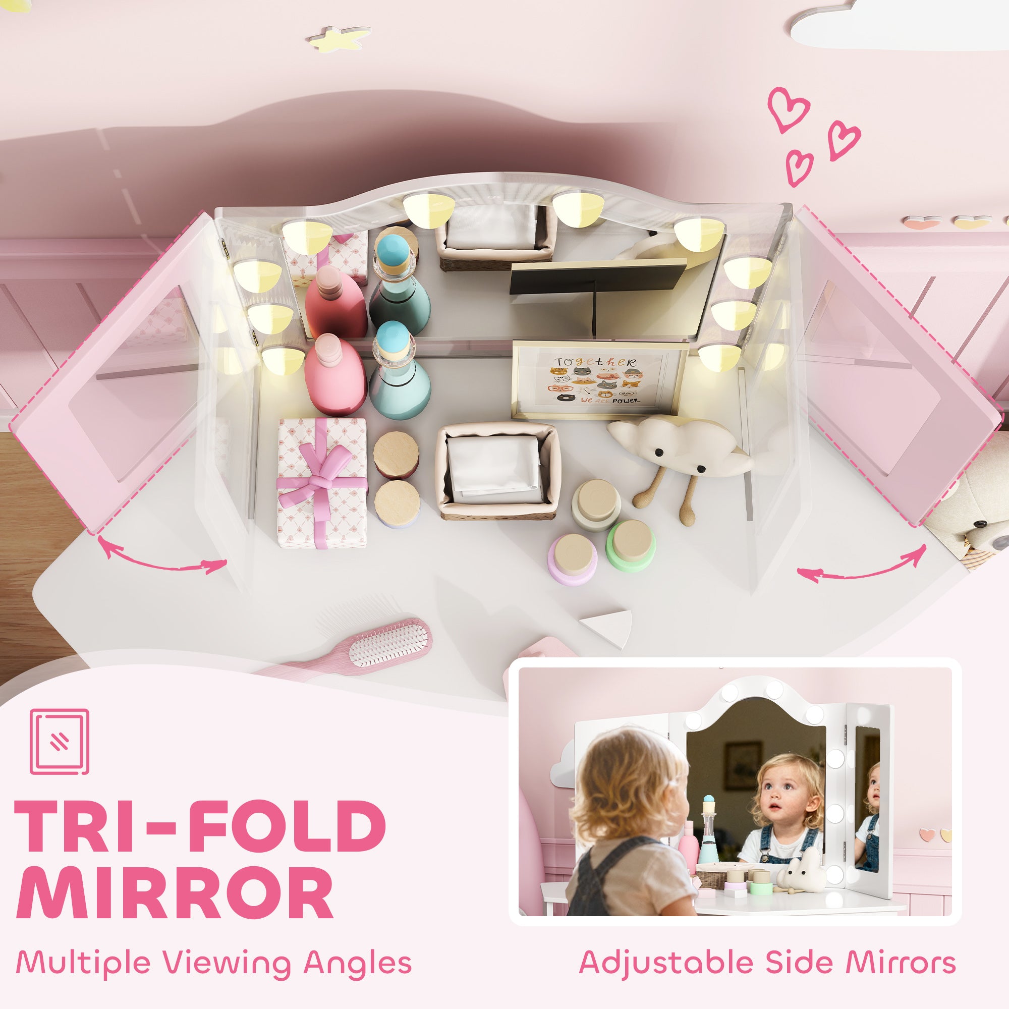 Qaba Kids Vanity Table and Chair Set with Lights, Makeup Dressing Table with Tri-Fold Mirror for Ages 3-8 Years, White-Toys & Games > Toddler & Kids Furniture > Kids Bedroom Furniture-DECOROLALA