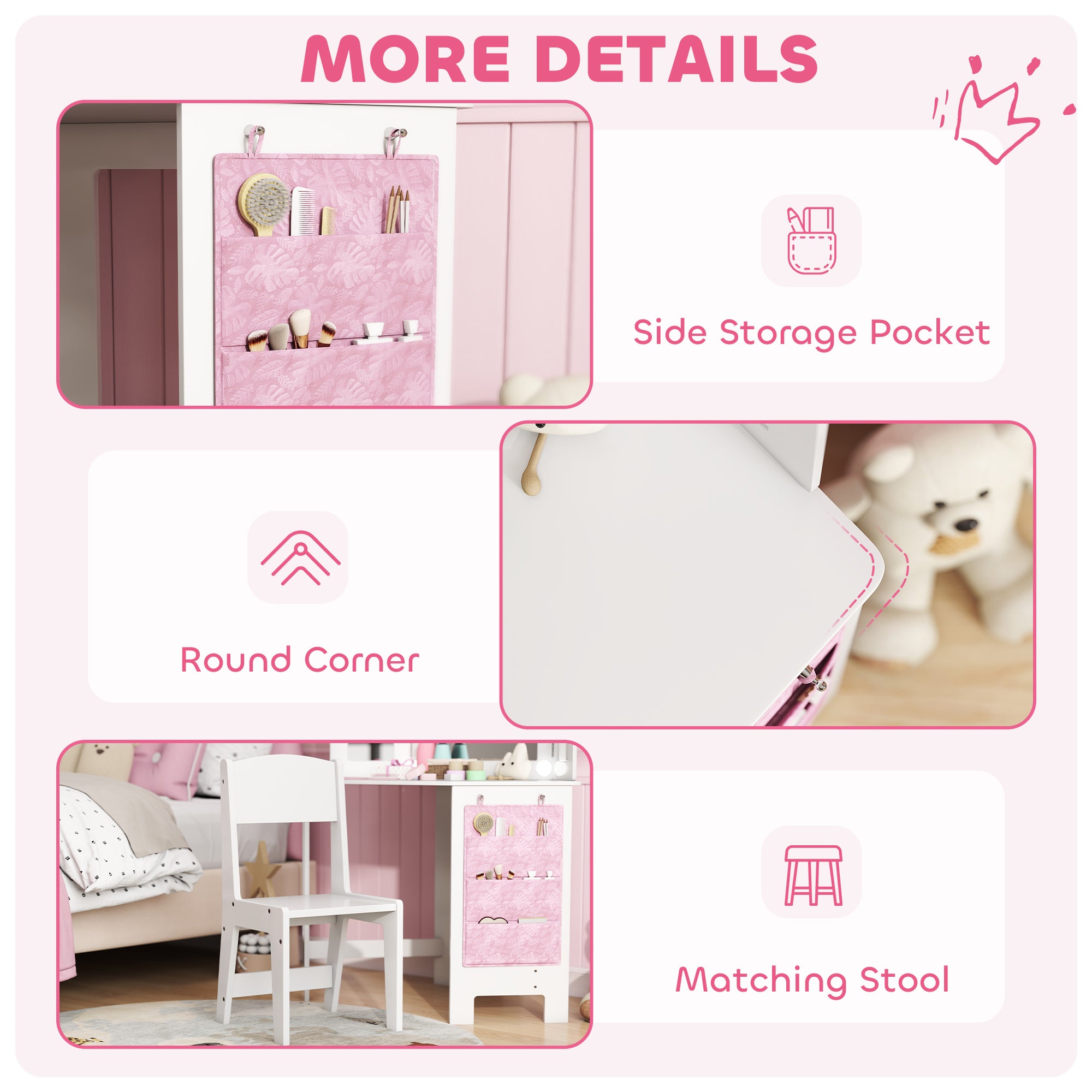 Qaba Kids Vanity Table and Chair Set with Lights, Makeup Dressing Table with Tri-Fold Mirror for Ages 3-8 Years, White-Toys & Games > Toddler & Kids Furniture > Kids Bedroom Furniture-DECOROLALA
