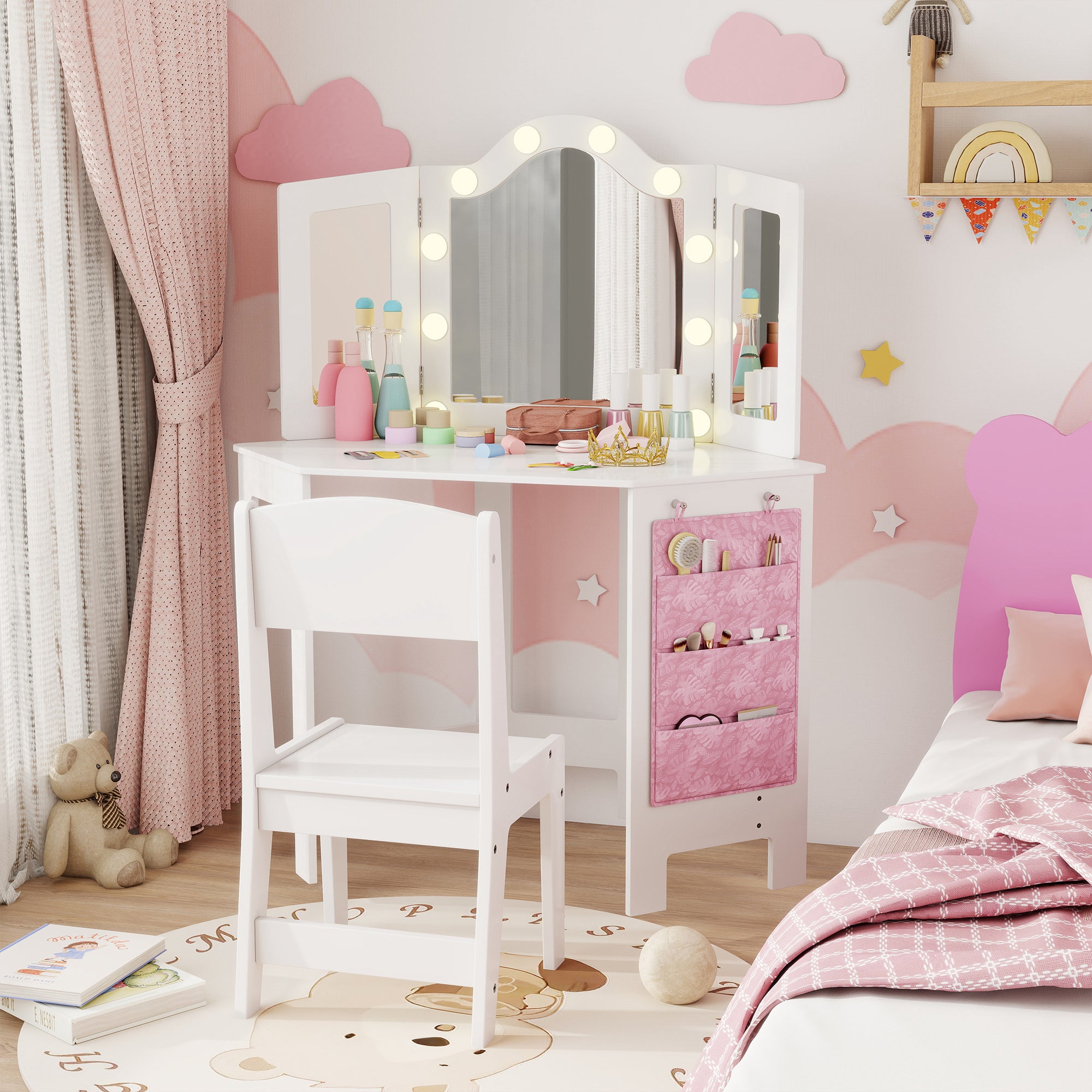 Qaba Kids Vanity Table and Chair Set with Lights, Makeup Dressing Table with Tri-Fold Mirror for Ages 3-8 Years, White-Toys & Games > Toddler & Kids Furniture > Kids Bedroom Furniture-DECOROLALA
