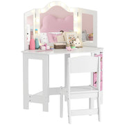 Qaba Kids Vanity Table and Chair Set with Lights, Makeup Dressing Table with Tri-Fold Mirror for Ages 3-8 Years, White-Toys & Games > Toddler & Kids Furniture > Kids Bedroom Furniture-DECOROLALA