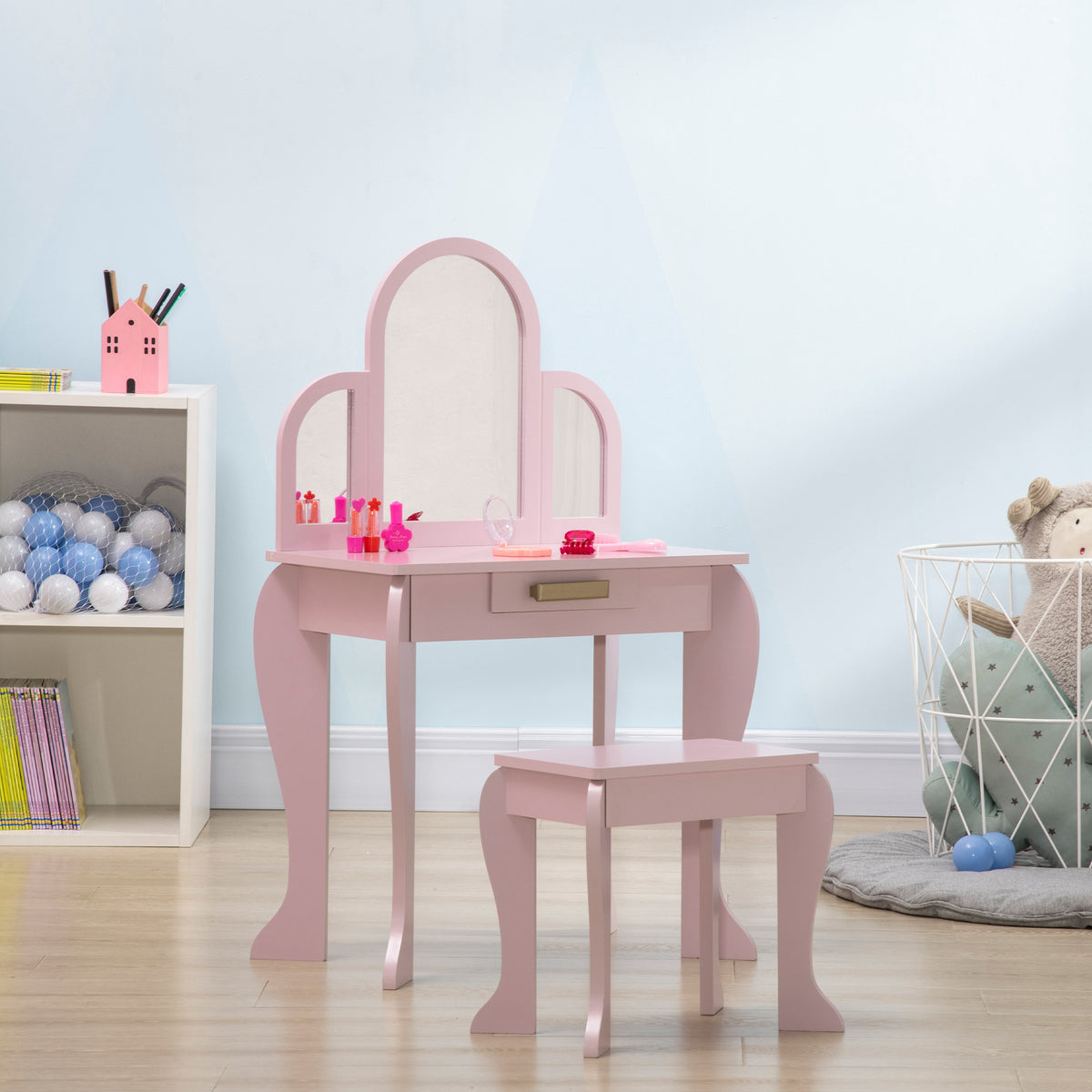 Qaba Kids Vanity Table and Chair Set with Mirror and Drawer - Pink-Toys & Games > Toddler & Kids Furniture > Kids Bedroom Furniture-DECOROLALA