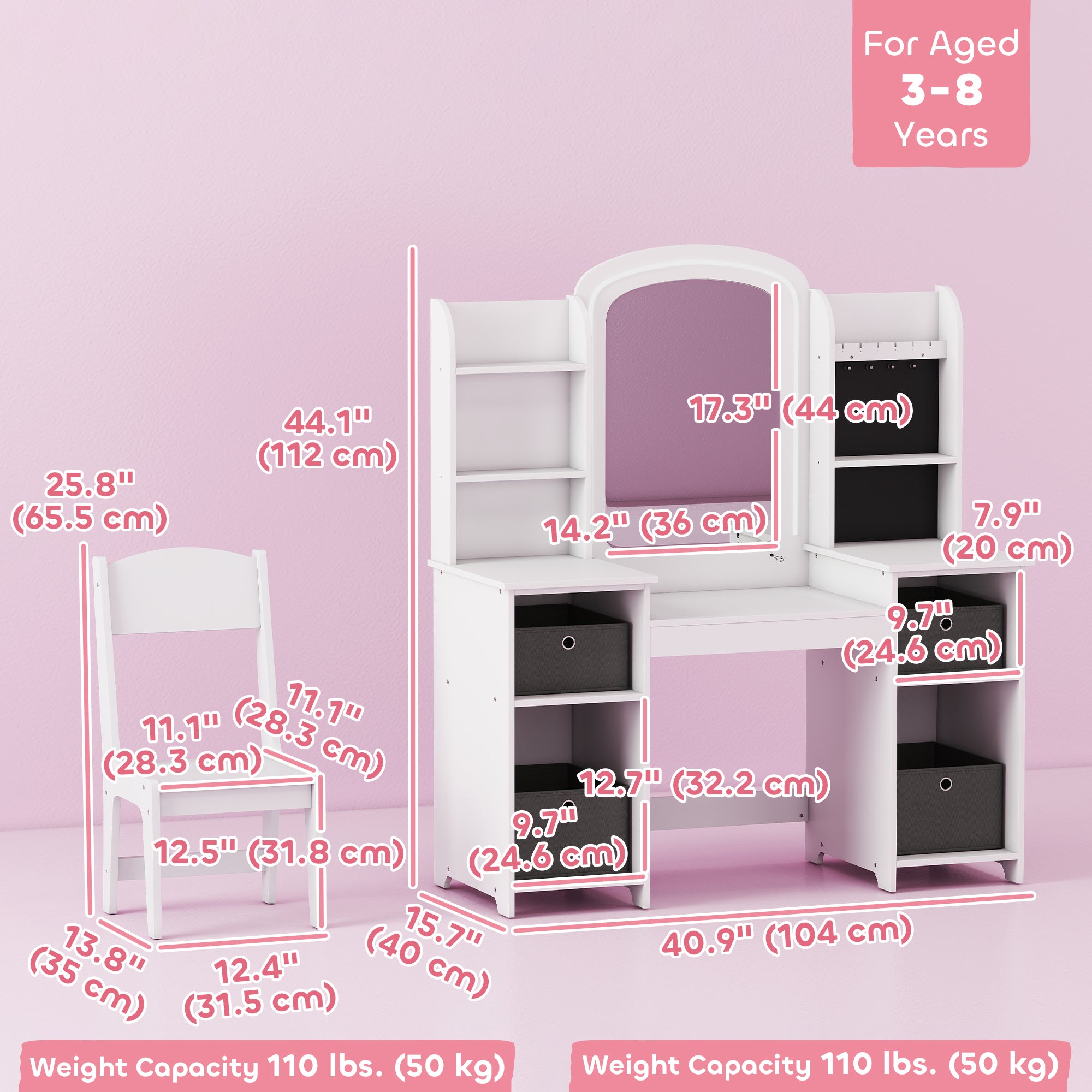 Qaba Kids Vanity Table and Chair, Toddler Dressing Table and Chair Set with Lighted Mirror for Little Girls, White-Toys & Games > Toddler & Kids Furniture > Kids Bedroom Furniture-DECOROLALA