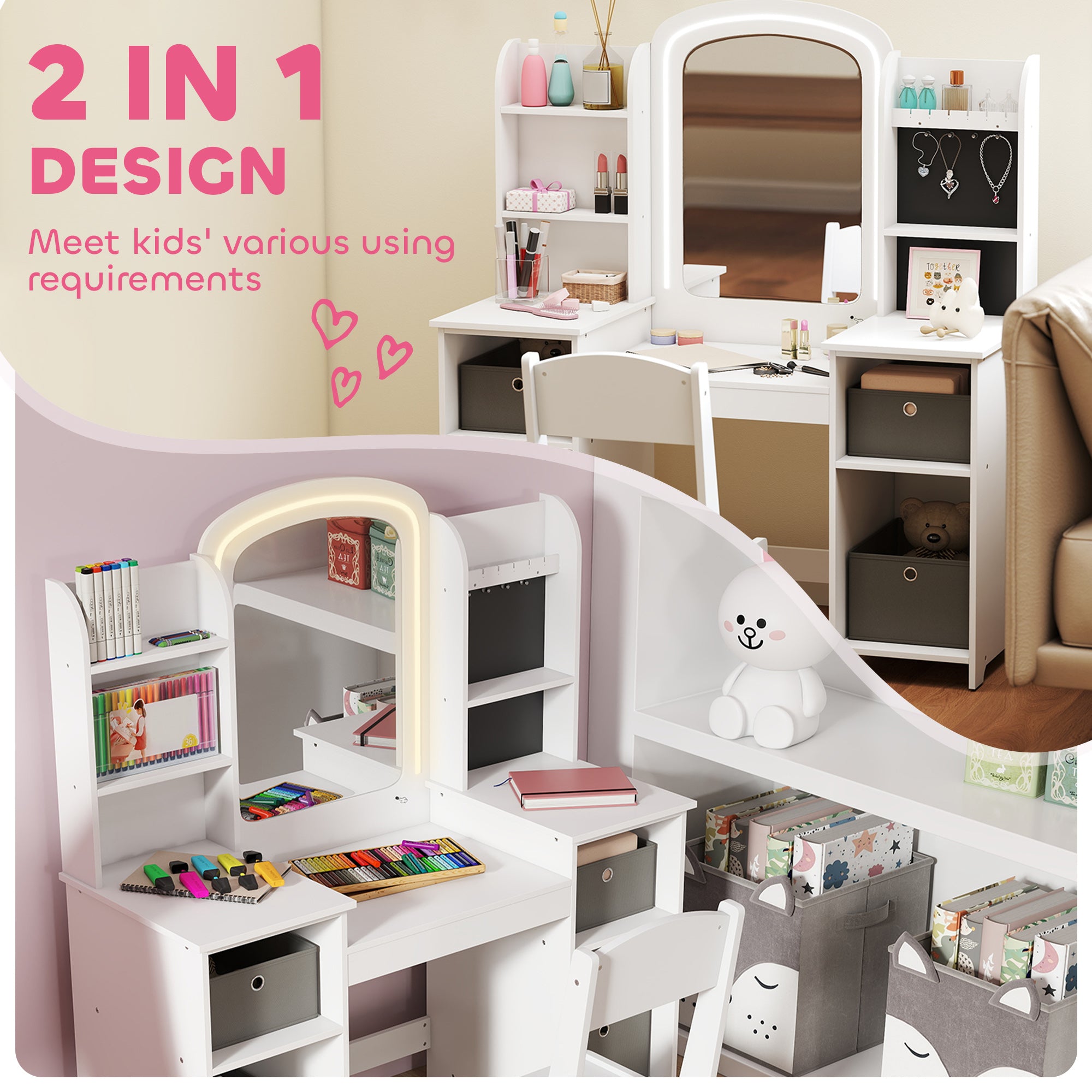 Qaba Kids Vanity Table and Chair, Toddler Dressing Table and Chair Set with Lighted Mirror for Little Girls, White-Toys & Games > Toddler & Kids Furniture > Kids Bedroom Furniture-DECOROLALA