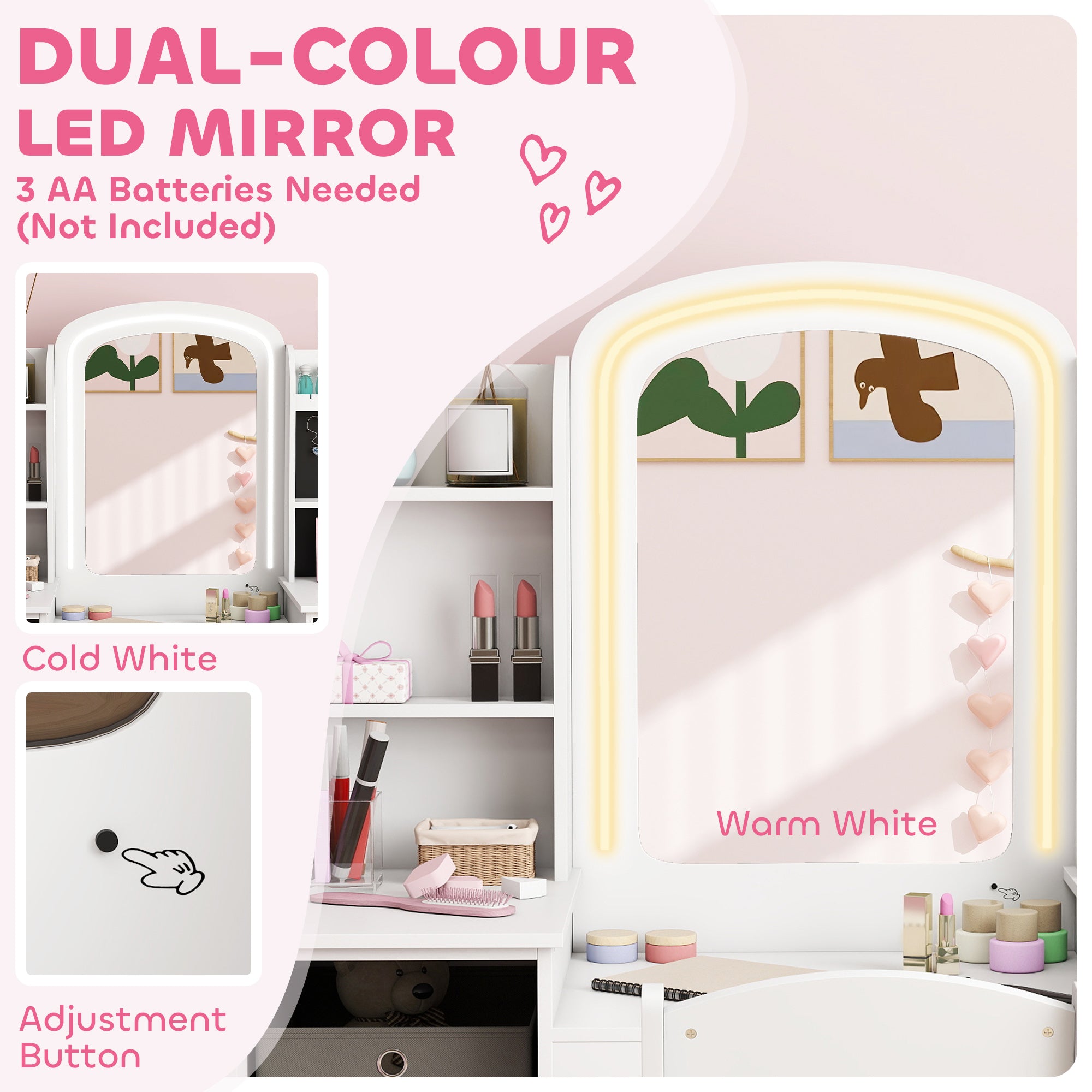 Qaba Kids Vanity Table and Chair, Toddler Dressing Table and Chair Set with Lighted Mirror for Little Girls, White-Toys & Games > Toddler & Kids Furniture > Kids Bedroom Furniture-DECOROLALA