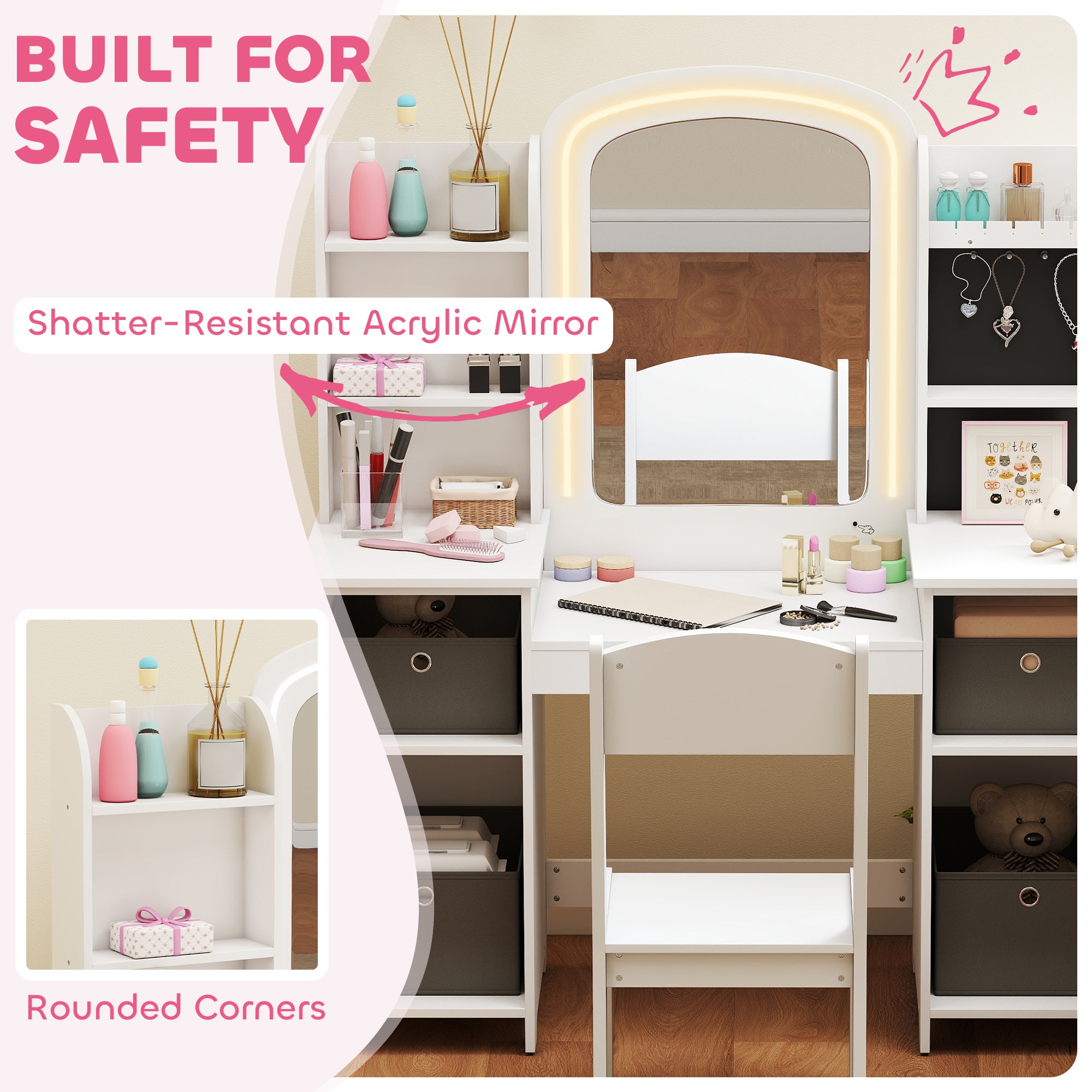 Qaba Kids Vanity Table and Chair, Toddler Dressing Table and Chair Set with Lighted Mirror for Little Girls, White-Toys & Games > Toddler & Kids Furniture > Kids Bedroom Furniture-DECOROLALA