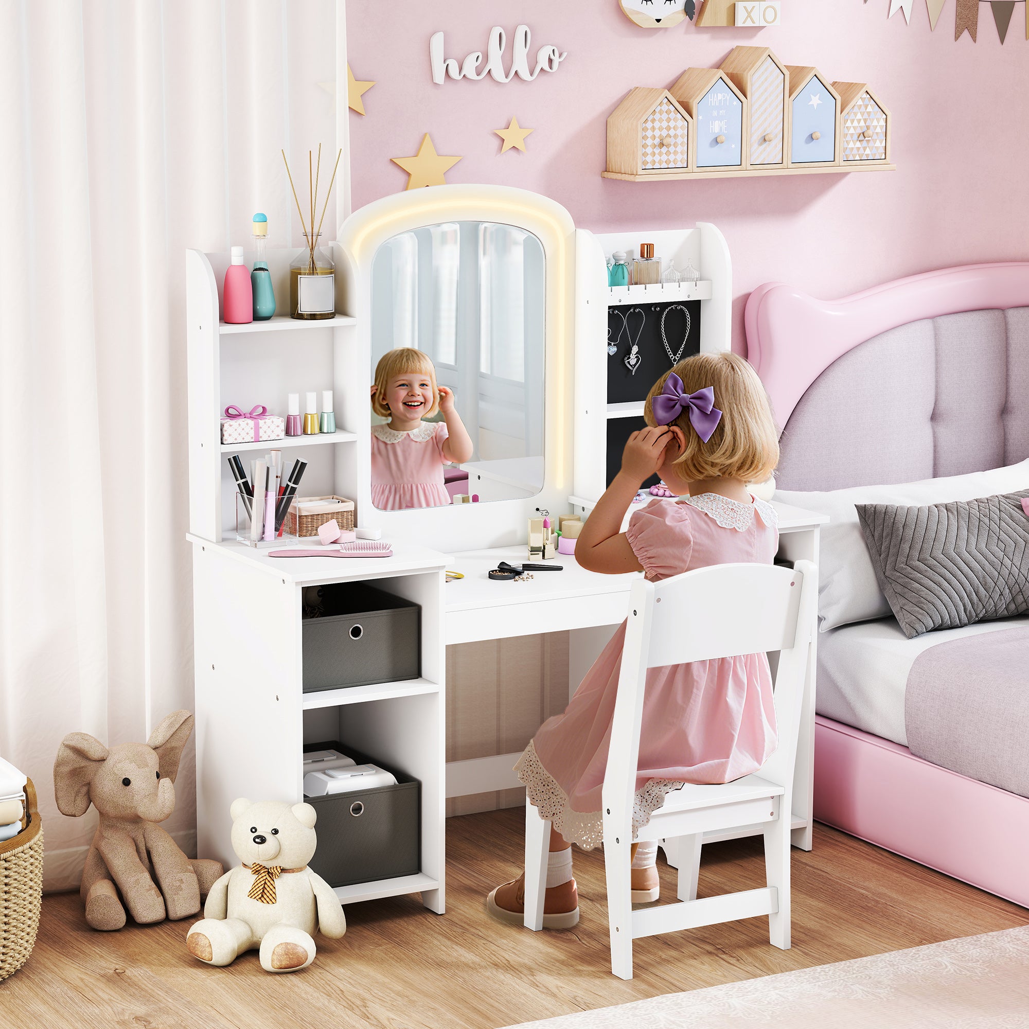 Qaba Kids Vanity Table and Chair, Toddler Dressing Table and Chair Set with Lighted Mirror for Little Girls, White-Toys & Games > Toddler & Kids Furniture > Kids Bedroom Furniture-DECOROLALA