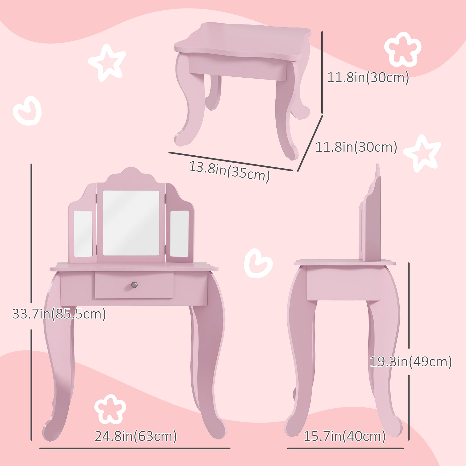 Qaba Kids Vanity Table and Stool, Makeup Vanity Girls Dressing Table Set with Tri-folding Mirrors Drawer Star and Heart Pattern, Pink-Toys & Games > Toddler & Kids Furniture > Kids Bedroom Furniture-DECOROLALA
