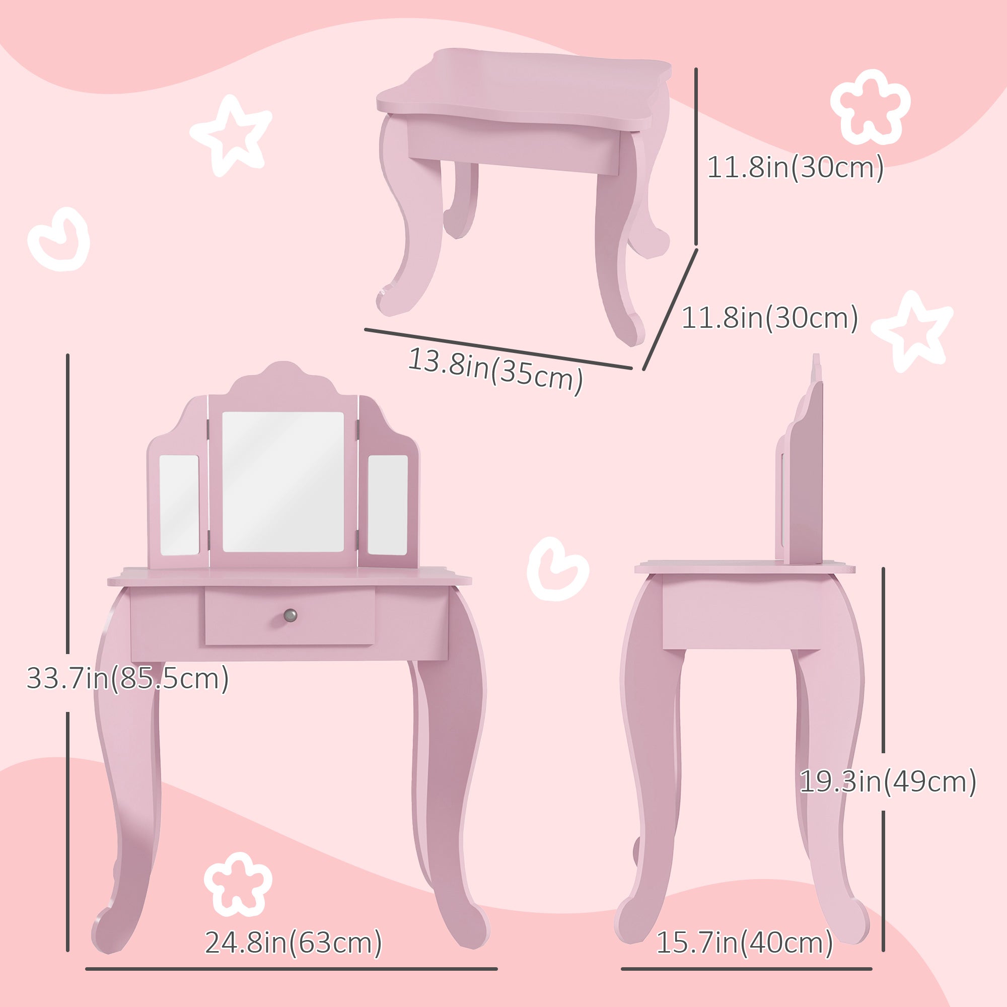 Qaba Kids Vanity Table and Stool, Makeup Vanity Girls Dressing Table Set with Tri-folding Mirrors Drawer Star and Heart Pattern, Pink-Toys & Games > Toddler & Kids Furniture > Kids Bedroom Furniture-DECOROLALA