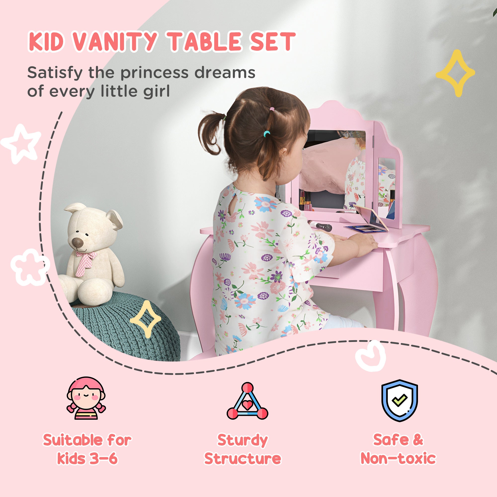 Qaba Kids Vanity Table and Stool, Makeup Vanity Girls Dressing Table Set with Tri-folding Mirrors Drawer Star and Heart Pattern, Pink-Toys & Games > Toddler & Kids Furniture > Kids Bedroom Furniture-DECOROLALA