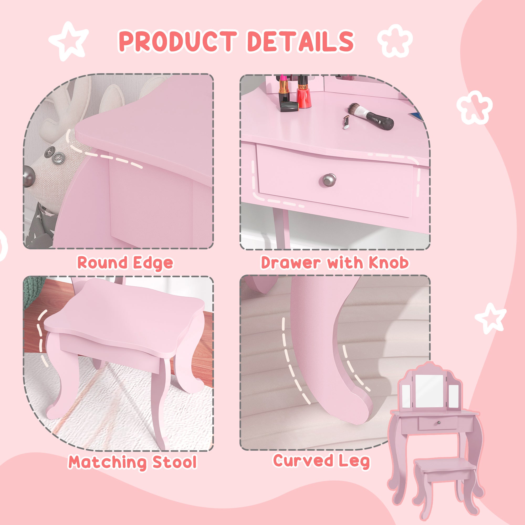 Qaba Kids Vanity Table and Stool, Makeup Vanity Girls Dressing Table Set with Tri-folding Mirrors Drawer Star and Heart Pattern, Pink-Toys & Games > Toddler & Kids Furniture > Kids Bedroom Furniture-DECOROLALA