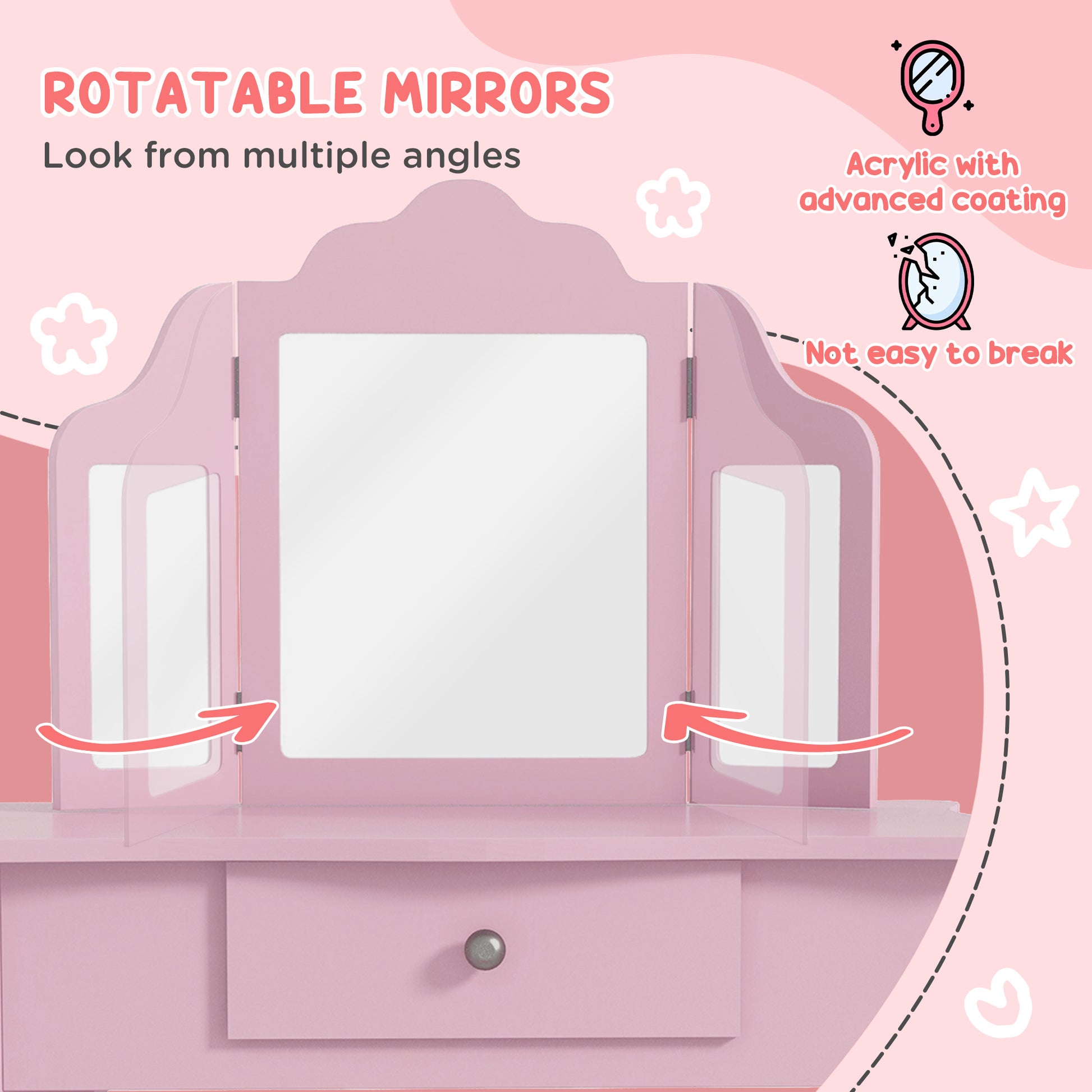 Qaba Kids Vanity Table and Stool, Makeup Vanity Girls Dressing Table Set with Tri-folding Mirrors Drawer Star and Heart Pattern, Pink-Toys & Games > Toddler & Kids Furniture > Kids Bedroom Furniture-DECOROLALA