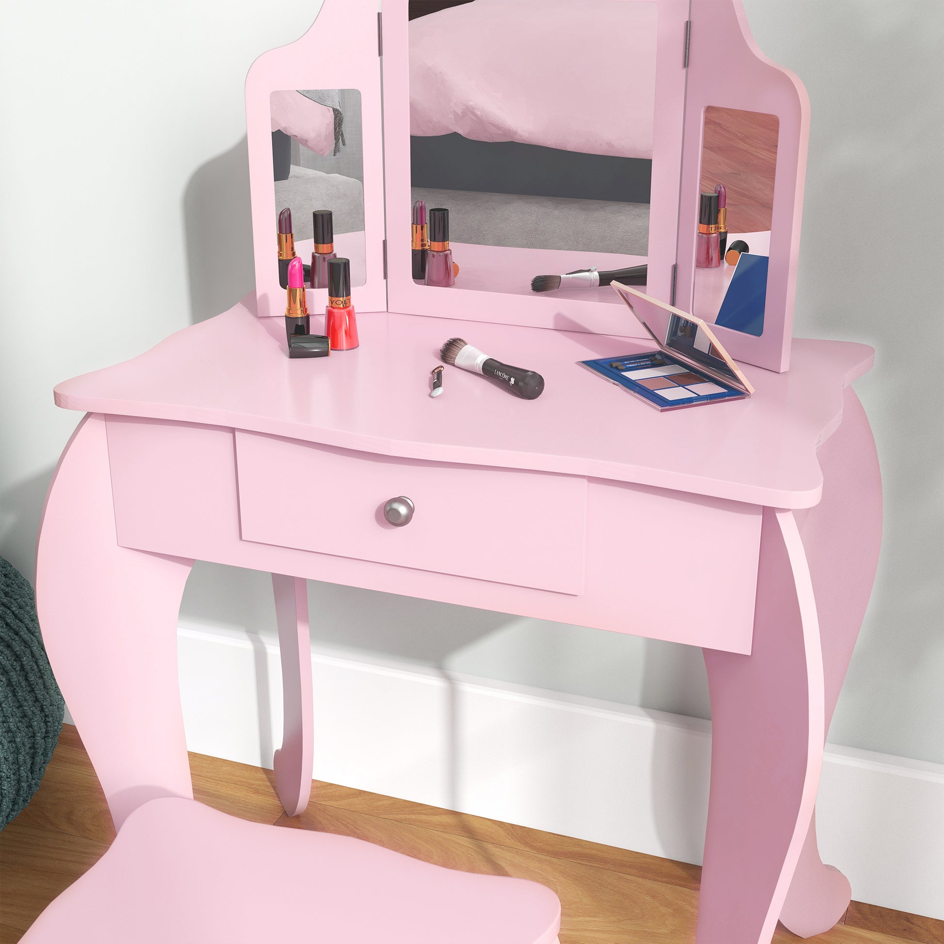 Qaba Kids Vanity Table and Stool, Makeup Vanity Girls Dressing Table Set with Tri-folding Mirrors Drawer Star and Heart Pattern, Pink-Toys & Games > Toddler & Kids Furniture > Kids Bedroom Furniture-DECOROLALA