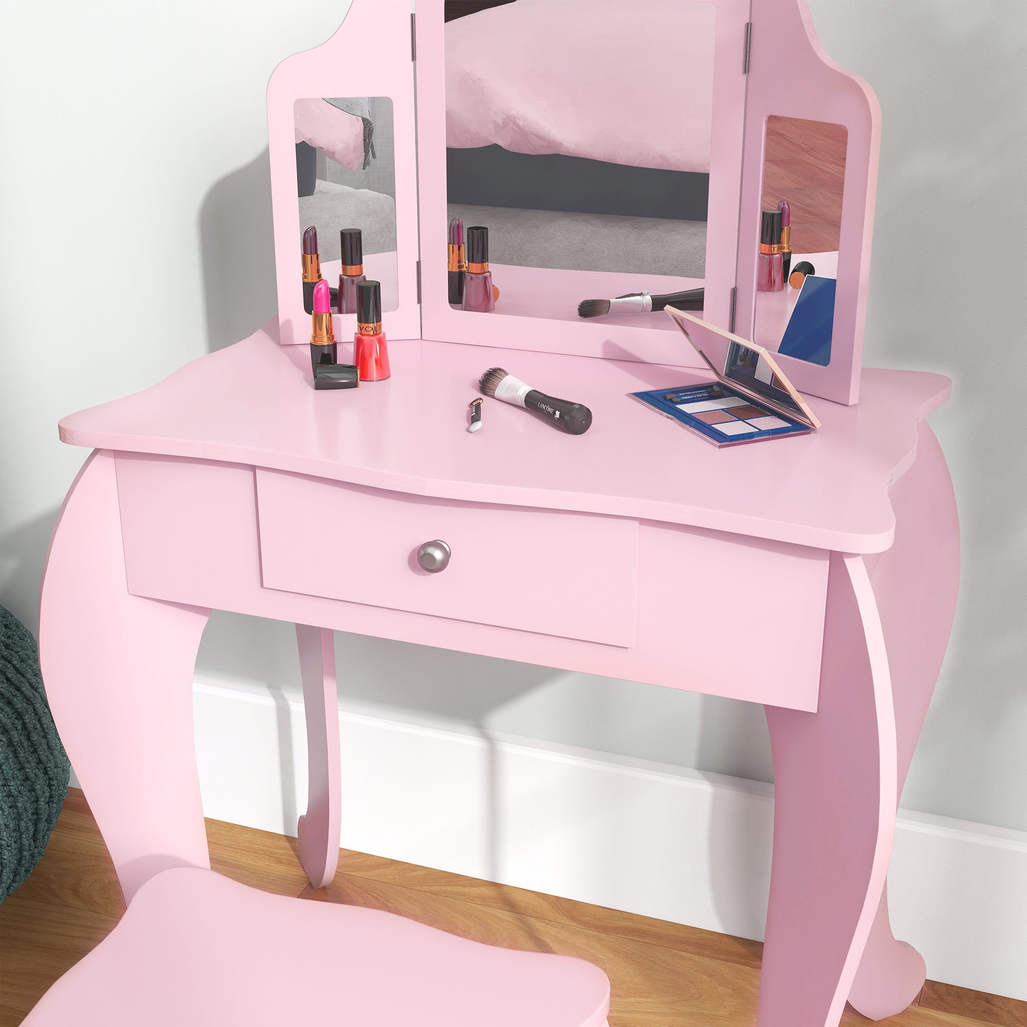 Qaba Kids Vanity Table and Stool, Makeup Vanity Girls Dressing Table Set with Tri-folding Mirrors Drawer Star and Heart Pattern, Pink-Toys & Games > Toddler & Kids Furniture > Kids Bedroom Furniture-DECOROLALA