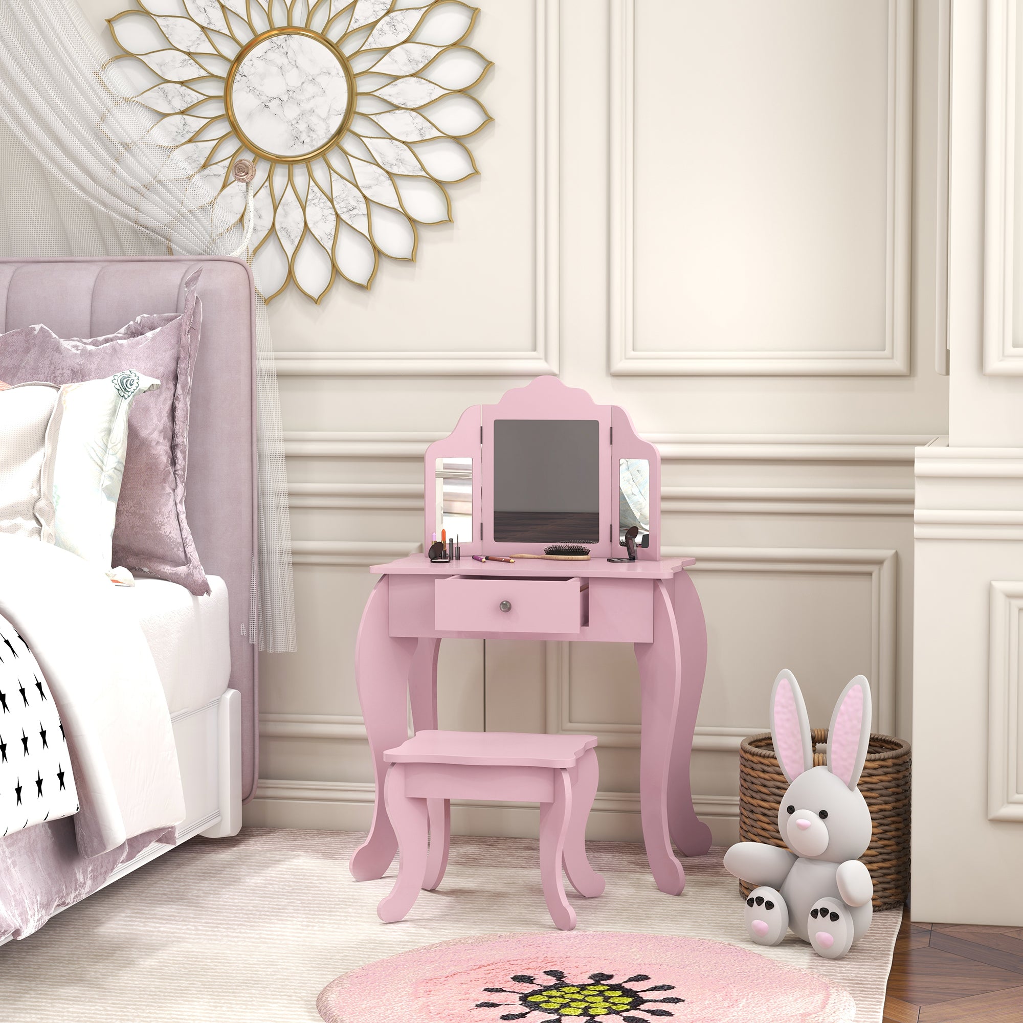 Qaba Kids Vanity Table and Stool, Makeup Vanity Girls Dressing Table Set with Tri-folding Mirrors Drawer Star and Heart Pattern, Pink-Toys & Games > Toddler & Kids Furniture > Kids Bedroom Furniture-DECOROLALA