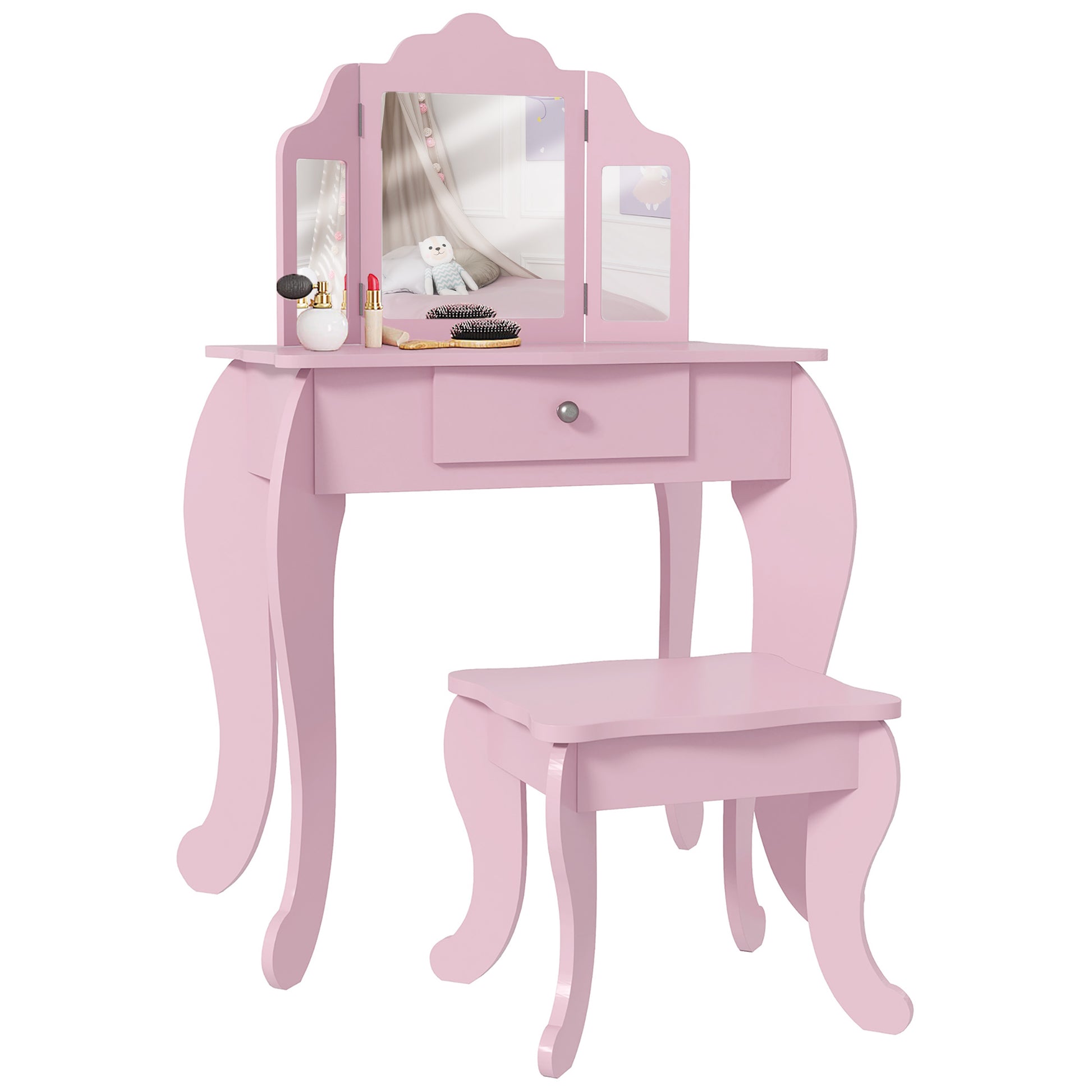 Qaba Kids Vanity Table and Stool, Makeup Vanity Girls Dressing Table Set with Tri-folding Mirrors Drawer Star and Heart Pattern, Pink-Toys & Games > Toddler & Kids Furniture > Kids Bedroom Furniture-DECOROLALA