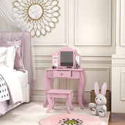Qaba Kids Vanity Table and Stool Set with Tri-Folding Mirrors - Pink-Toys & Games > Toddler & Kids Furniture > Kids Bedroom Furniture-DECOROLALA