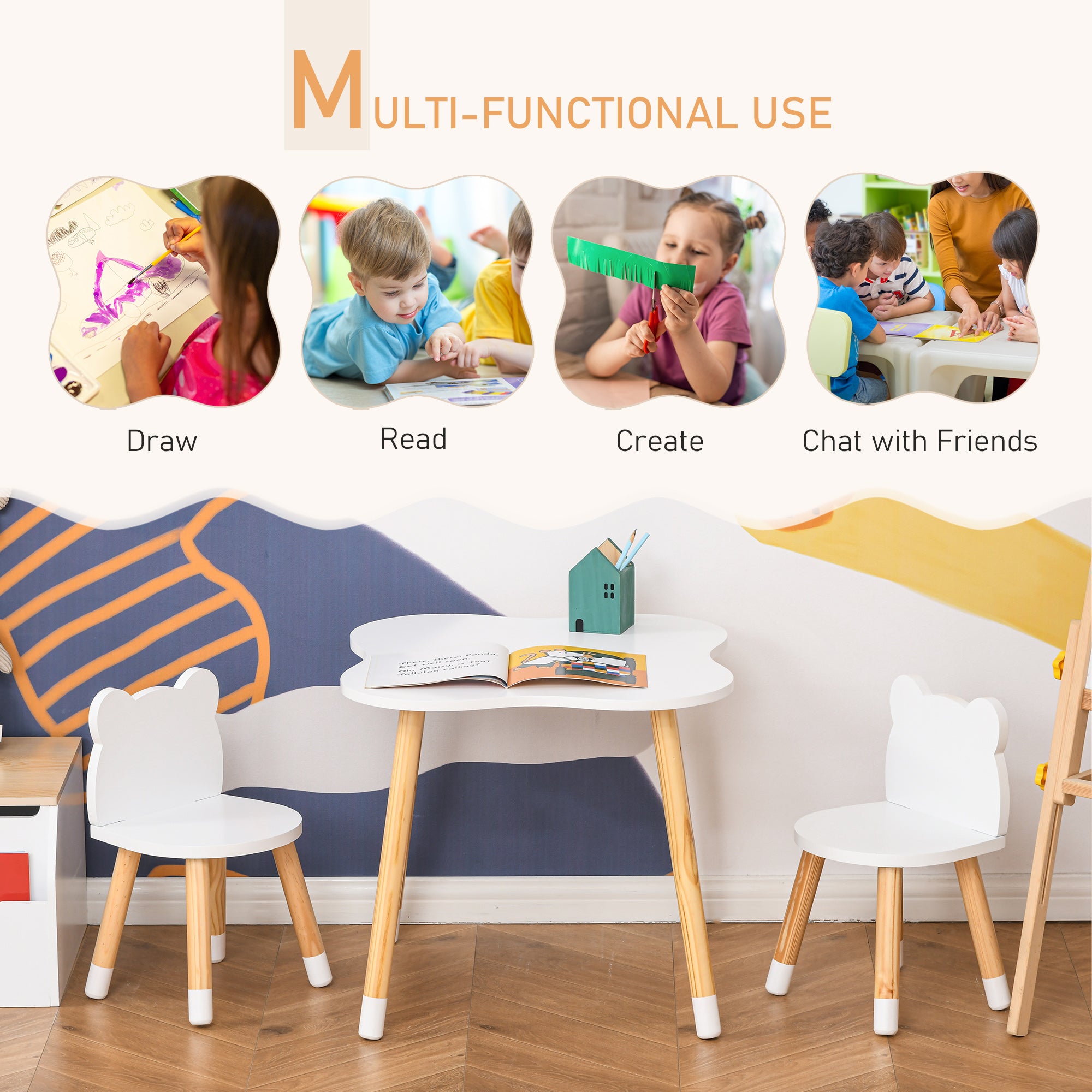 Qaba Kids Wooden Table and 2 Chairs Set, 3-Piece Dining Table with Bear Shape and Rounded Corners for 1-4 Years, White-Toys & Games > Toddler & Kids Furniture > Kids Table Sets-DECOROLALA