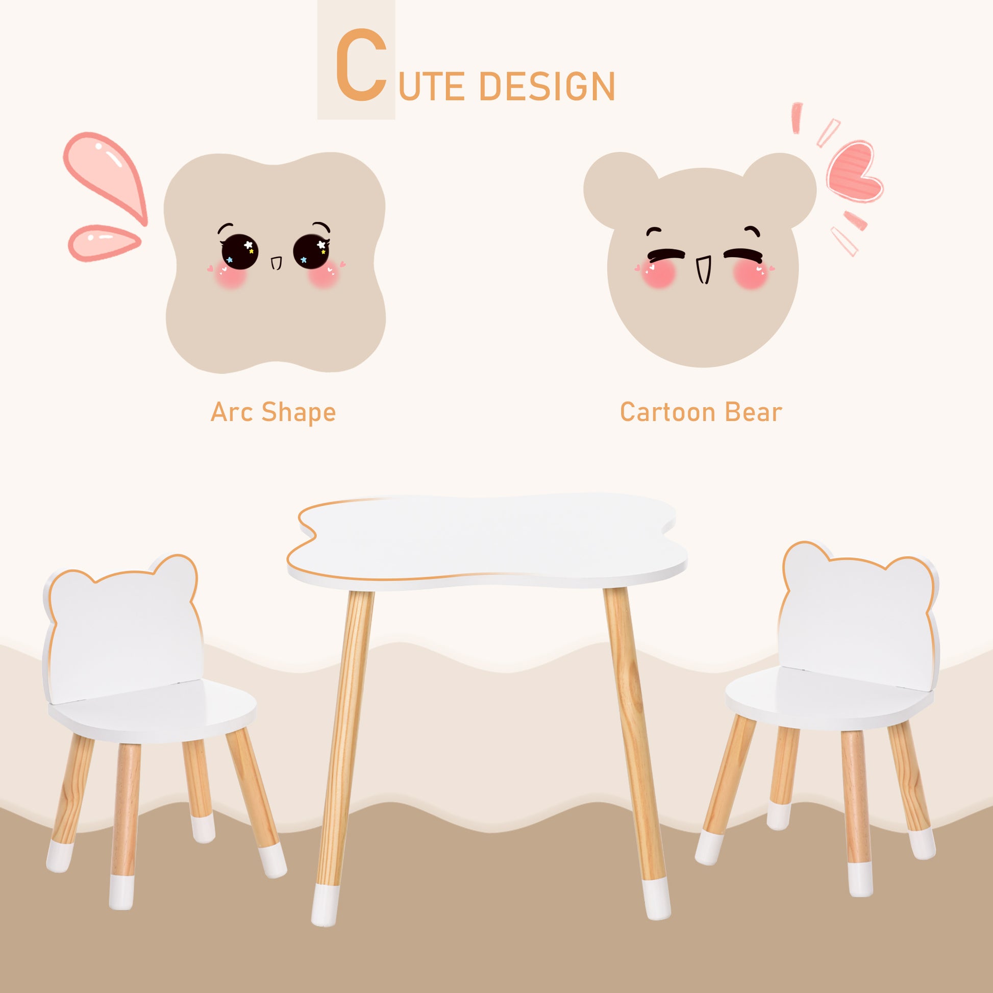 Qaba Kids Wooden Table and 2 Chairs Set, 3-Piece Dining Table with Bear Shape and Rounded Corners for 1-4 Years, White-Toys & Games > Toddler & Kids Furniture > Kids Table Sets-DECOROLALA