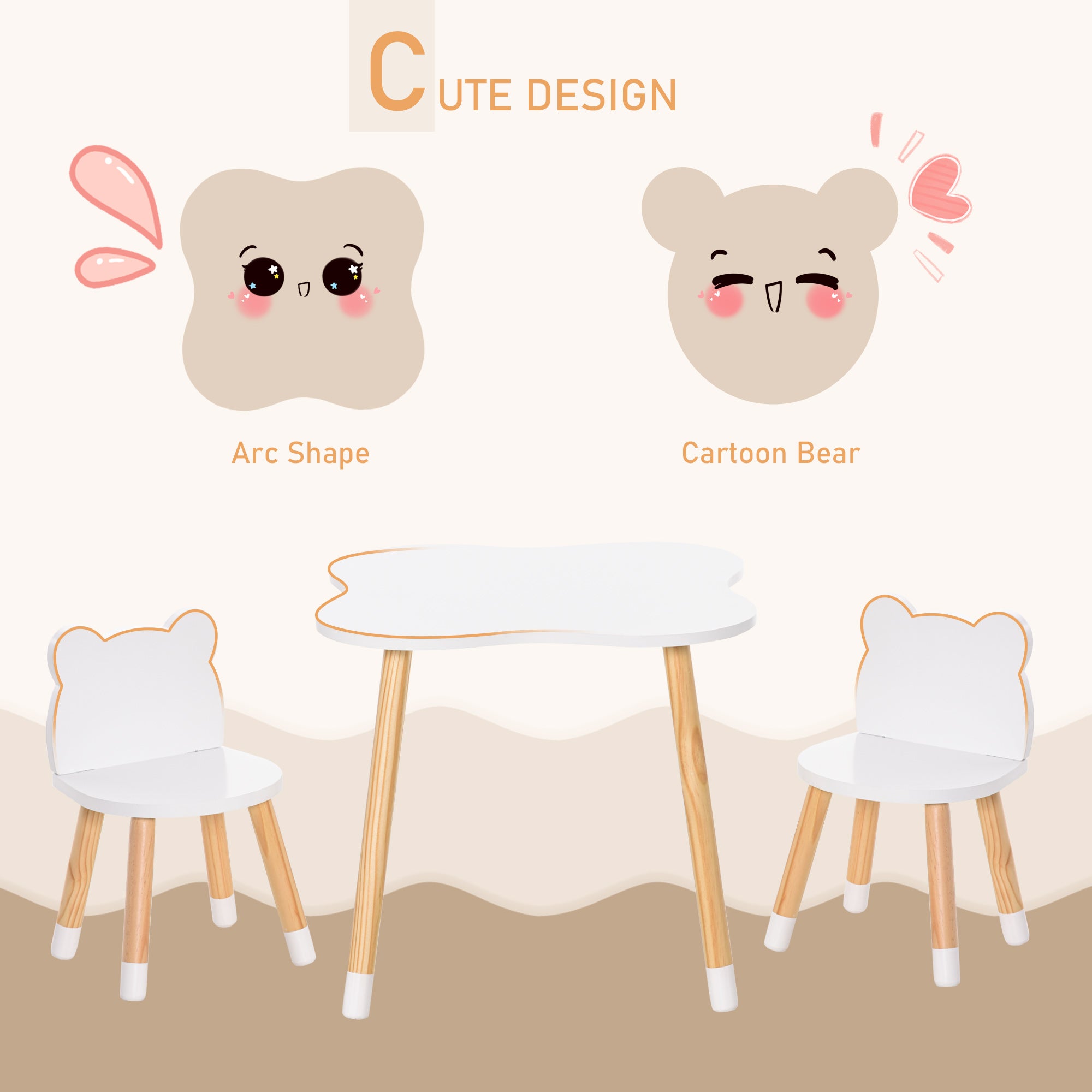 Qaba Kids Wooden Table and 2 Chairs Set, 3-Piece Dining Table with Bear Shape and Rounded Corners for 1-4 Years, White-Toys & Games > Toddler & Kids Furniture > Kids Table Sets-DECOROLALA