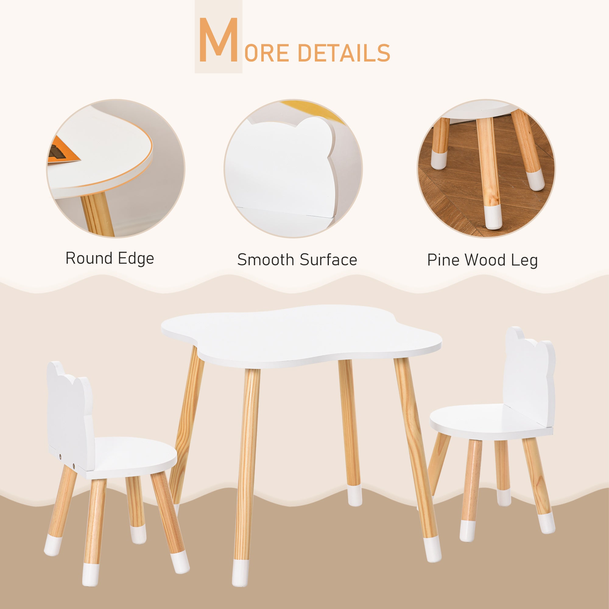Qaba Kids Wooden Table and 2 Chairs Set, 3-Piece Dining Table with Bear Shape and Rounded Corners for 1-4 Years, White-Toys & Games > Toddler & Kids Furniture > Kids Table Sets-DECOROLALA