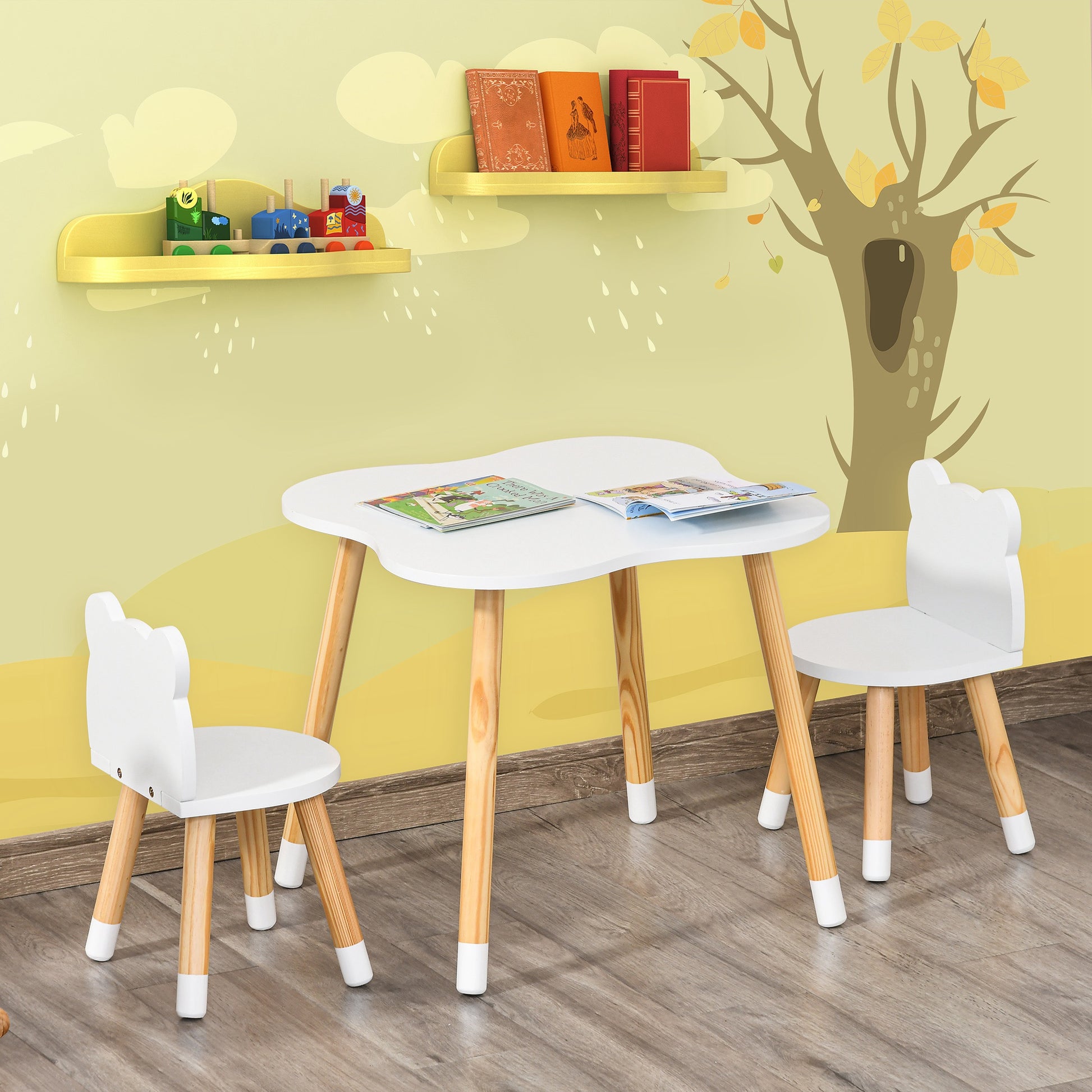 Qaba Kids Wooden Table and 2 Chairs Set, 3-Piece Dining Table with Bear Shape and Rounded Corners for 1-4 Years, White-Toys & Games > Toddler & Kids Furniture > Kids Table Sets-DECOROLALA
