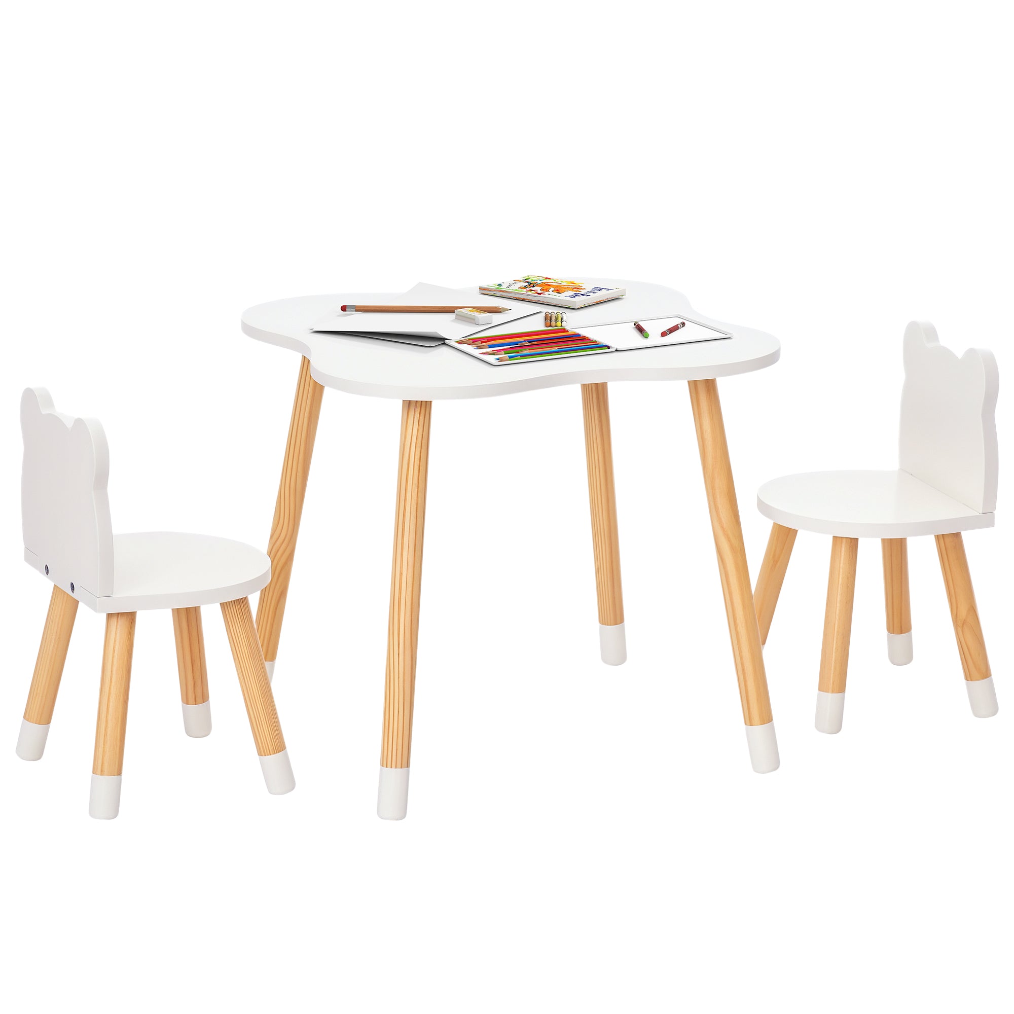 Qaba Kids Wooden Table and 2 Chairs Set, 3-Piece Dining Table with Bear Shape and Rounded Corners for 1-4 Years, White-Toys & Games > Toddler & Kids Furniture > Kids Table Sets-DECOROLALA