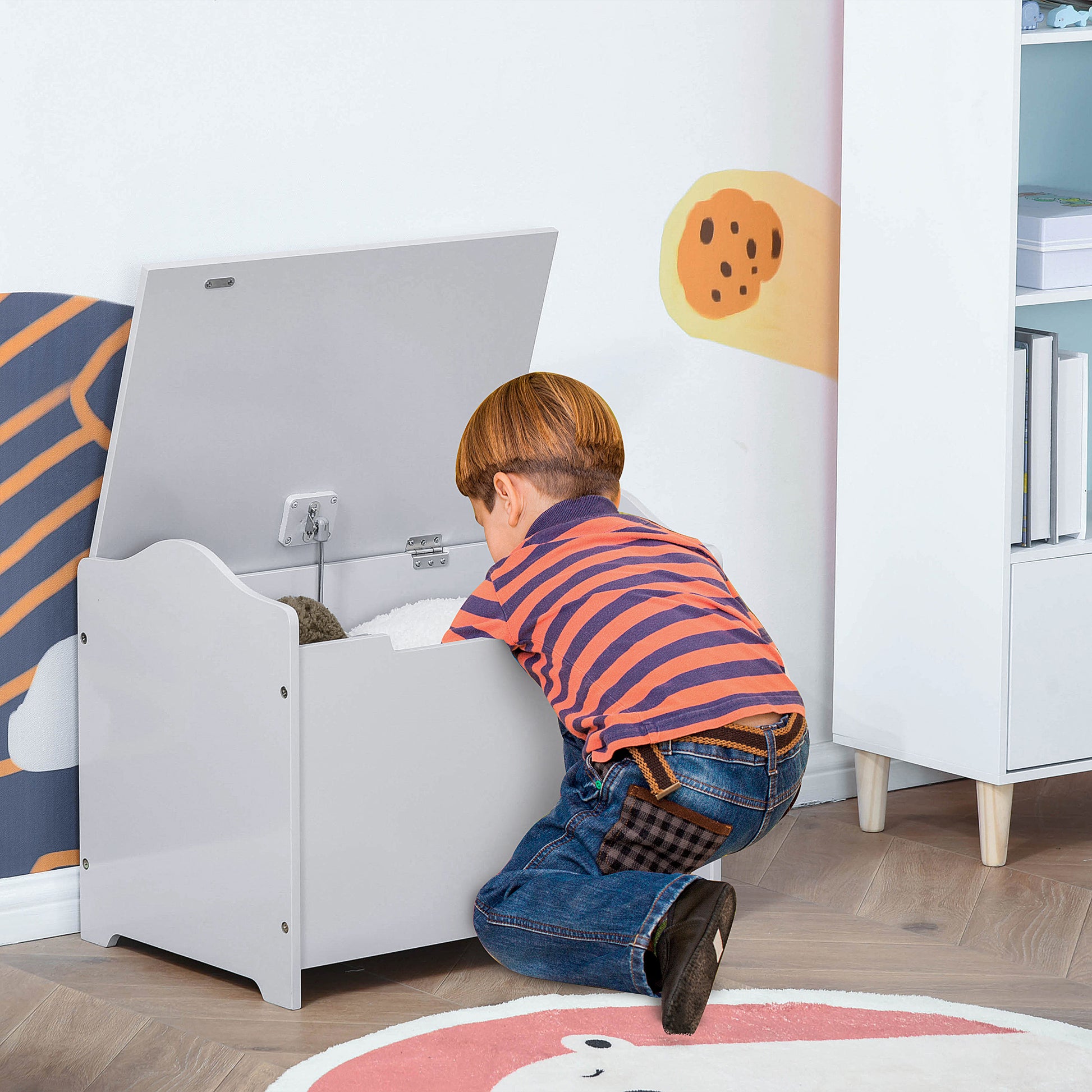 Qaba Kids Wooden Toy Storage Box Organizer Chest with Magnetic Hinge, Large Chest Space, & Groove Handle, Grey-Toys & Games > Toddler & Kids Furniture > Baby & Kids Storage-DECOROLALA