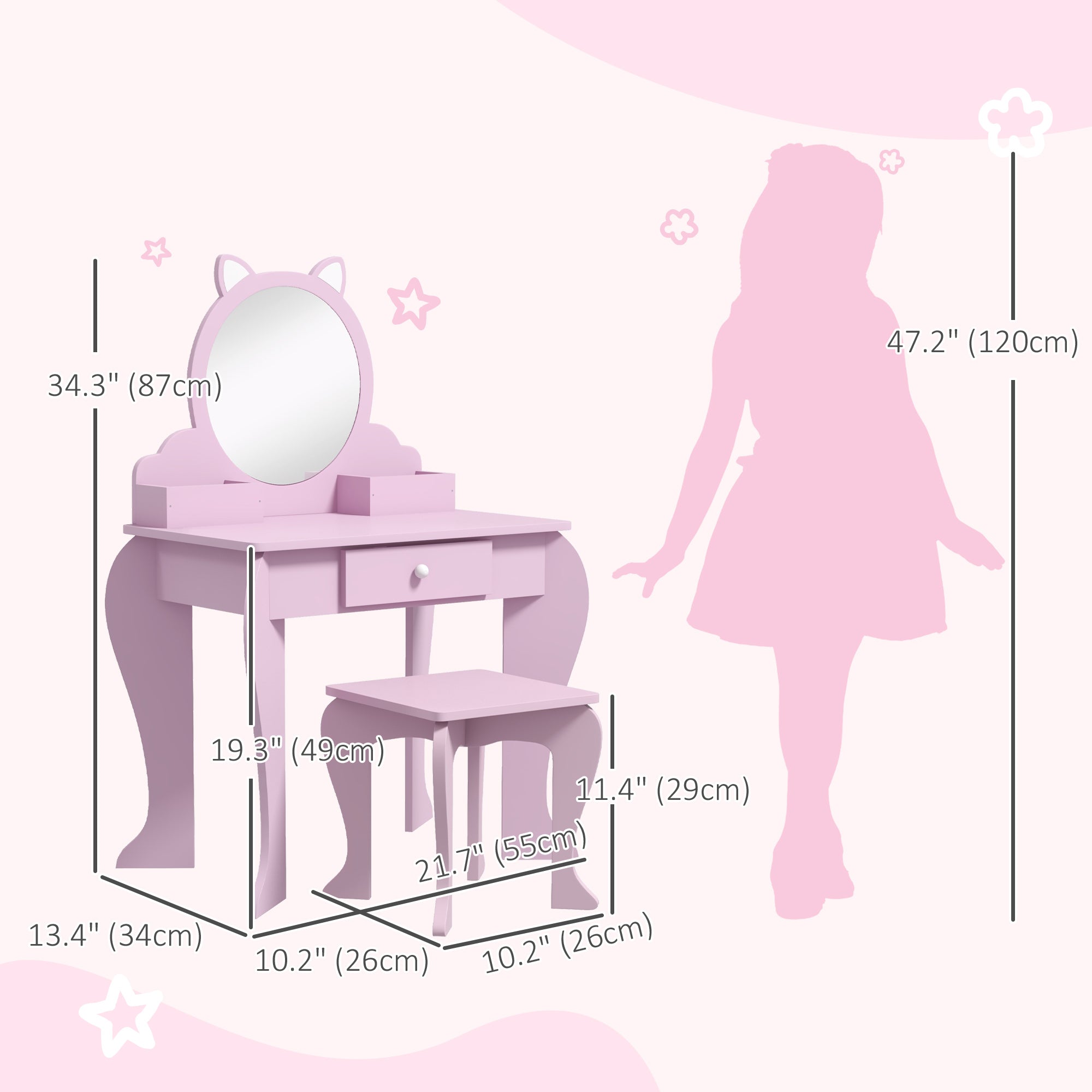 Qaba Makeup Vanity with Mirror and Stool, Cat Design, Drawer, Storage Boxes, for 3-6 Years Old, Pink-Toys & Games > Toddler & Kids Furniture > Kids Bedroom Furniture-DECOROLALA